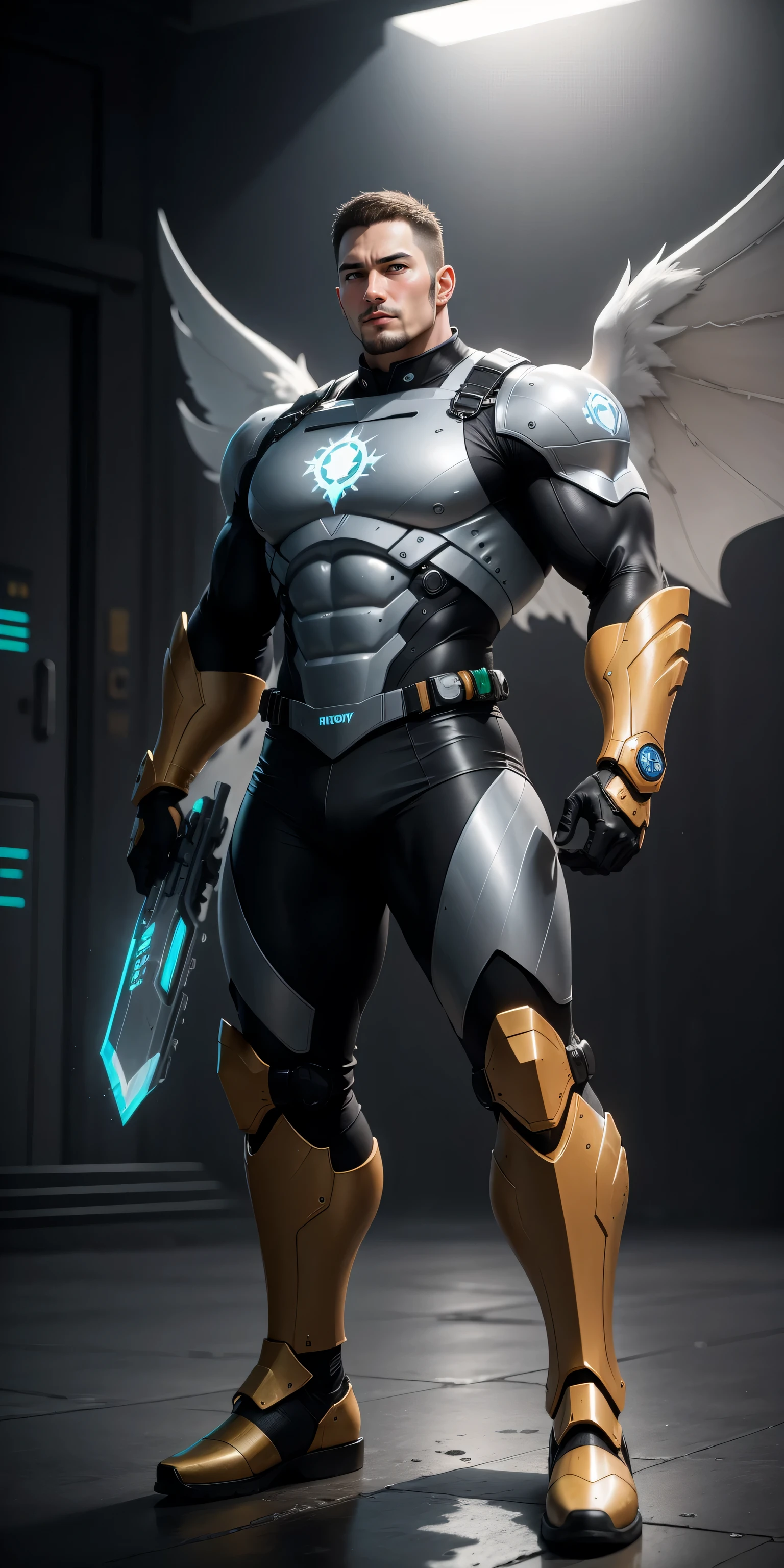 Tall giant muscular police officer,Yellow-gray honeycomb network pattern nano mecha,Super Giant Aurora Mechanical Wing,character concept(Resident Evil - chris redfield,chris redfield)senior police officer,small grid texture,regular symmetrical texture pattern,sad expression,Deep and charming eyes,Emerald Eyes Hero,heroic male pose,高大burly,muscular!Charming leg muscles,High, burly, Heqiang, Super gain and cool, high resolution committee, Yellow gray ultra-thin nano mechanical boots for big feet,Charming strong man,The bright sunshine is shining on you,matte particles,shiny texture