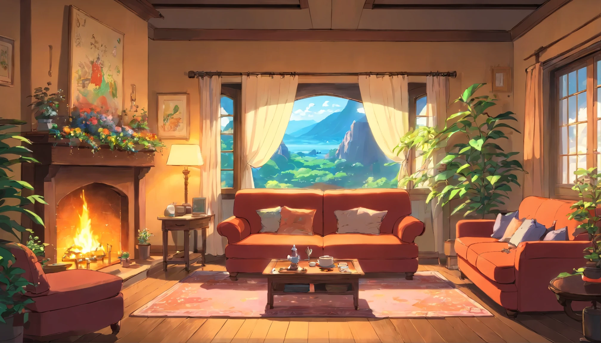 Calm living room、indirect lighting、no people、sofa、fireplace、Foliage plant、curtain、low table、coffee、sweets