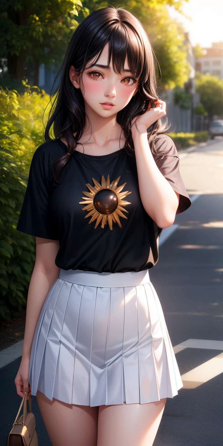 realistic, 5girls, black hair, brown eyes, glowing eyes, on shirt, skirt, parted lips, blush, sun, sunlight,