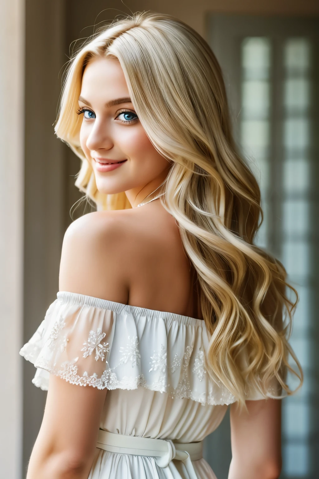 Beautiful blonde Greek girl, radiant smile, elegantly posing, 6k resolution, masterpiece, sharp focus, 50mm lens, f/1.8 aperture, capturing her mesmerizing features. Sunlight kisses her golden locks, cascading down her back in soft waves. Her natural buxom figure is accentuated by a flowing, off-shoulder white dress. Detailed blue eyes filled with intrigue, long lashes, and perfectly defined pupils. Delicate face structure, glowing complexion, and smooth, shiny skin. Her radiant aura is further intensified by the intricate details of her belted waist and intricately beaded necklace.