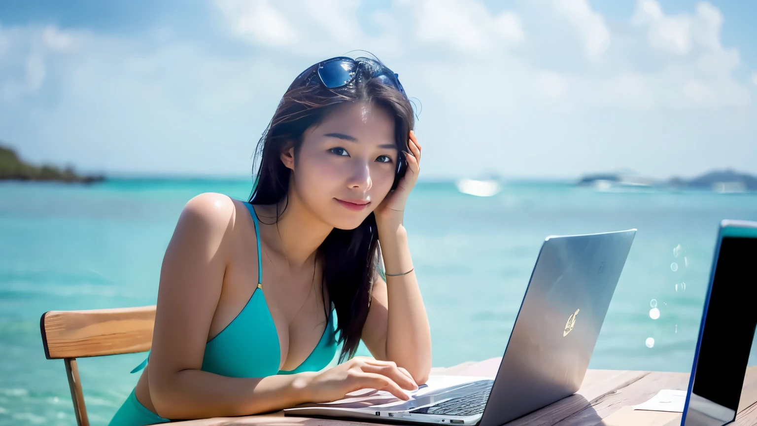 ((highest quality)), ((masterpiece)), (be familiar with), perfect face,A beautiful female college student wearing a thin shirt over a cute bikini is teleworking using a laptop at a cafe by the sea.