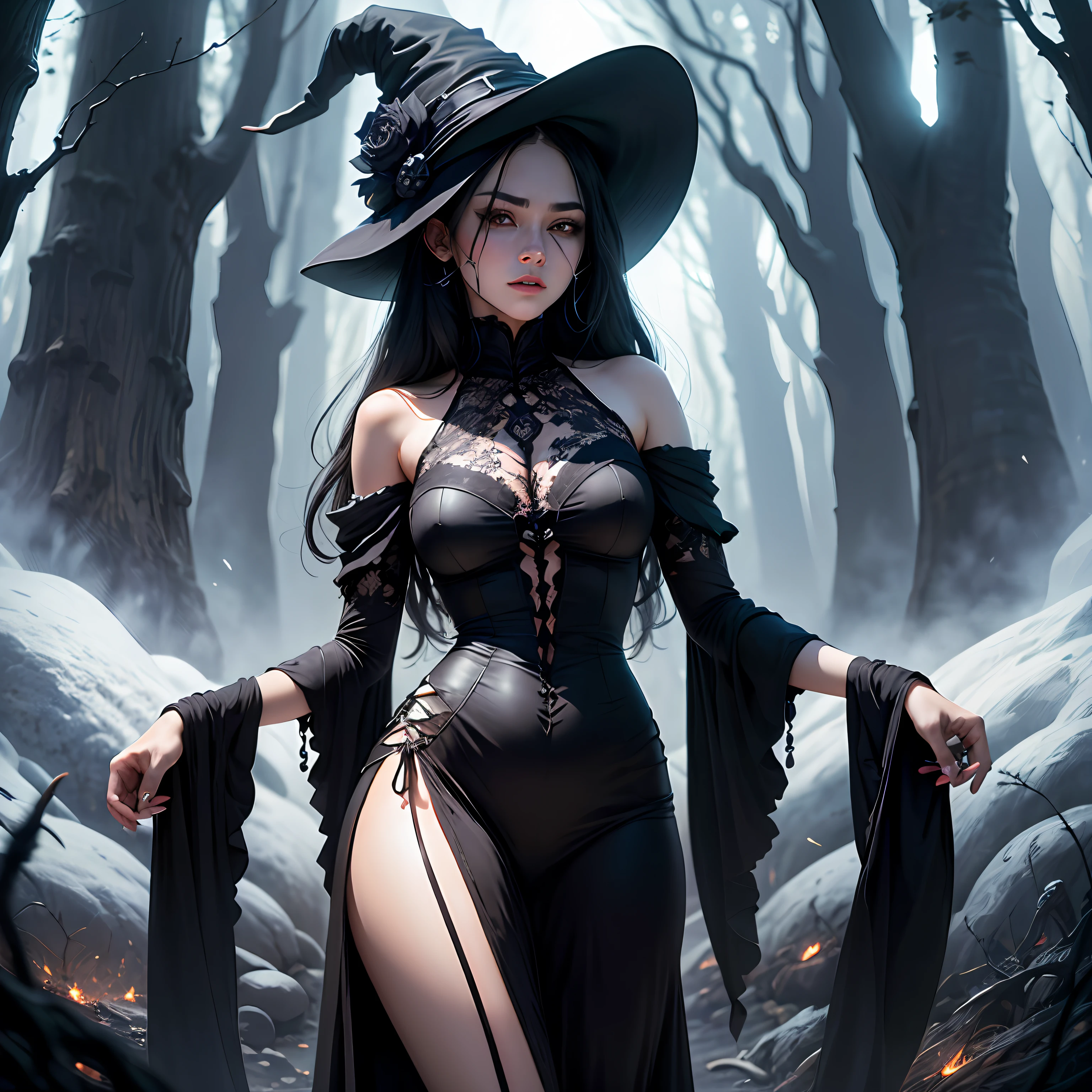 (2girls:1.2), (witchgirl:1.3, witch hat, witchic skin), Toned body:1.1, muscular:1.1, Large breasts, Nipple, areola, witch eyes, topless:1.2, seductive face, long Hair, (Seductive posing:1.2), full body:1.2, fantasy, detailed background, green land, soft lighting, detailed, artwork