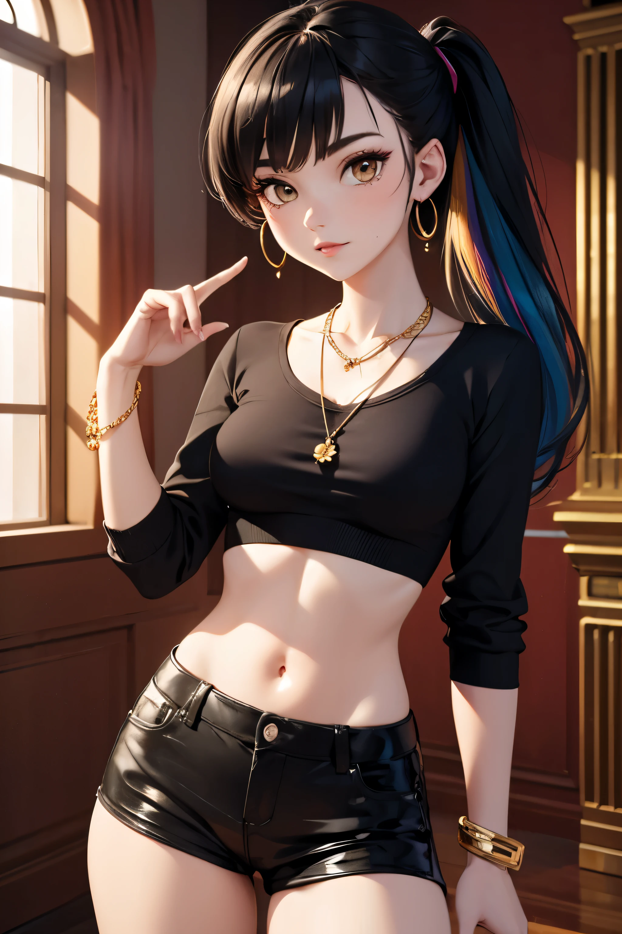 ((((masterpiece)))), high quality, very_high_resolution, large_filesize, full color, crop top, short shorts, gold eyes, black hair, rainbow hair, silver bracelet, Cuban link necklace, cute, adorable, beautiful, high contrast, colorful, 5 fingers, slim body, jewelry, long hair, pony tail, hoop gold earrings, confident
