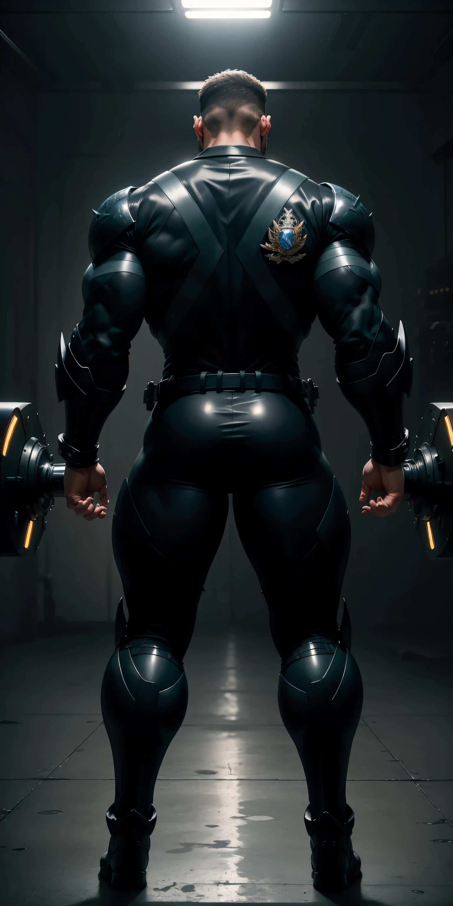 特别High背影, huge, and muscular police officer,Bright black mesh nano-mecha,Archangel Aurora Mechanical Wings,round butt,Highlights,character concept(Resident Evil - chris redfield,chris redfield)senior police officer,small grid texture,regular symmetrical texture pattern,sad expression,Deep and charming eyes,Standing in bright mechanical laboratory,Emerald Eyes Hero,heroic male pose,高大burly,muscular!Charming leg muscles,High, burly, Heqiang, Super gain and cool, high resolution committee, Big feet in shiny black ultra-thin nanomechanical boots,Charming strong man,The bright sunshine is shining on you,matte particles,shiny texture