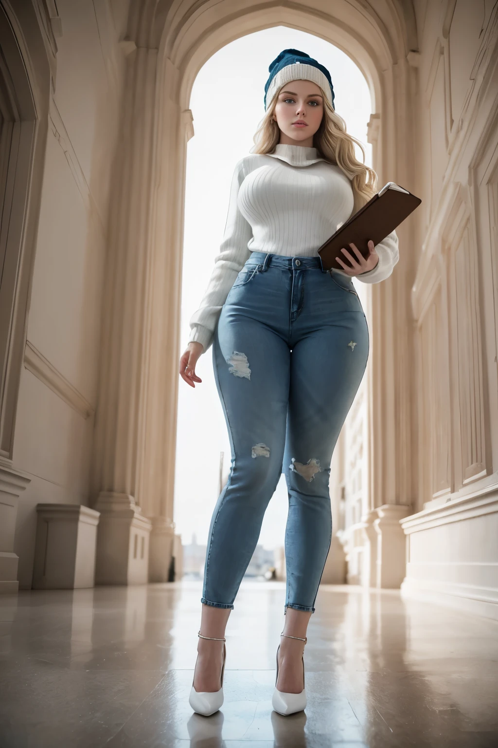 masterpiece, best quality, hyperrealistic, cinematic photo, 23 year old woman, pale skin, Russian amazing curvy body, voluptuous, ((White pullover)), ((Tight denim trousers)), beanie hat, long blonde wavy hair, perfect thick legs, wide hips, big butt, lifted butt,large breasts, perfect hands, beautiful face, perfect face, youthful, (blured background), modern style, from below, (low-angle shoot), low_angle_human, towering, (full body shot), standing, holding a book, underneath shot, (view viewer), looking at viewer,(8k, epic composition, photorealistic, sharp focus), detailed background, the wall of a prestigious university, DSLR, foil grain, backlight