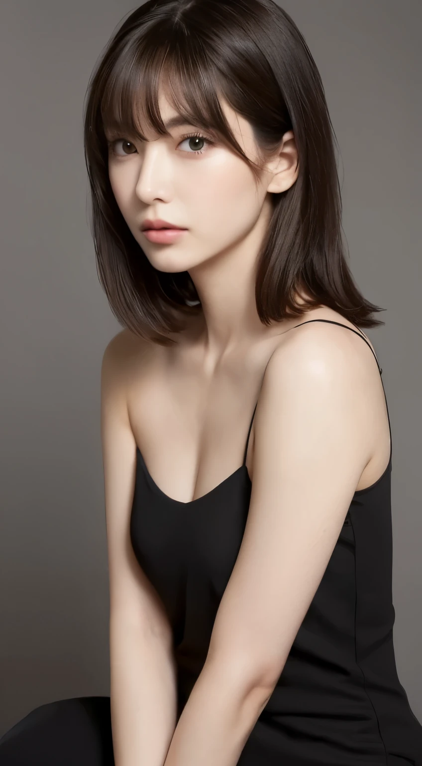 Masseter muscle part, highest quality, masterpiece, High resolution, Photoreal, RAW photo, 8k wallpaper, perfection, professional lighting, very detailed, written boundary depth, beautiful man dressed as a woman, 日本女性にしか見えないperfection女装の男, Simple dress in black, ((look into viewer'eyes)), ,bangs, Breasts with no bulge at all, upper body naked、Flat chest of a boy、She is wearing a wig with light brown straight hair., faint lips, (arm between legs), There is an Adam's apple、full body figure