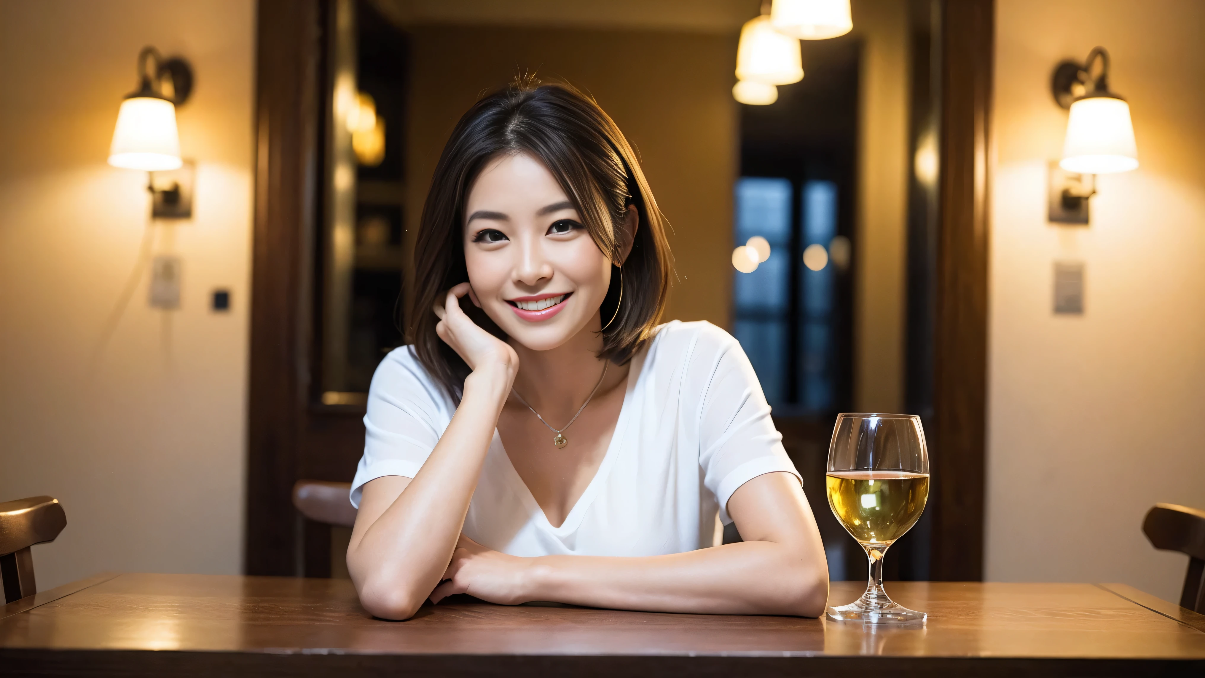(including 64k, nffsw, highest quality, table top: 1.2), (realistic, realistic: 1.37), pretty woman 1, (slimフェイス), (because I&#39;thin), (brown hair), (shortcut), cheeks turn a little red, (40 years old), 38 years, alone, 窓の外には美しく緻密なnight景が広がります..., restaurant, wine glassに座って, nightに, in a prominent place (from the waist up) nova frog style, actress, model, Upper body, White wine, slim, wine glass, とてもきれいなnight景, 真ん中に置かれたwine glass, smile, (smile: 1.15), Beautiful little eyes, Upper body, bust japan up, night, short, short, actress, model, Upper body, White wine, slim, wine glass, とてもきれいなnight景, 真ん中に置かれたwine glass, smile,
