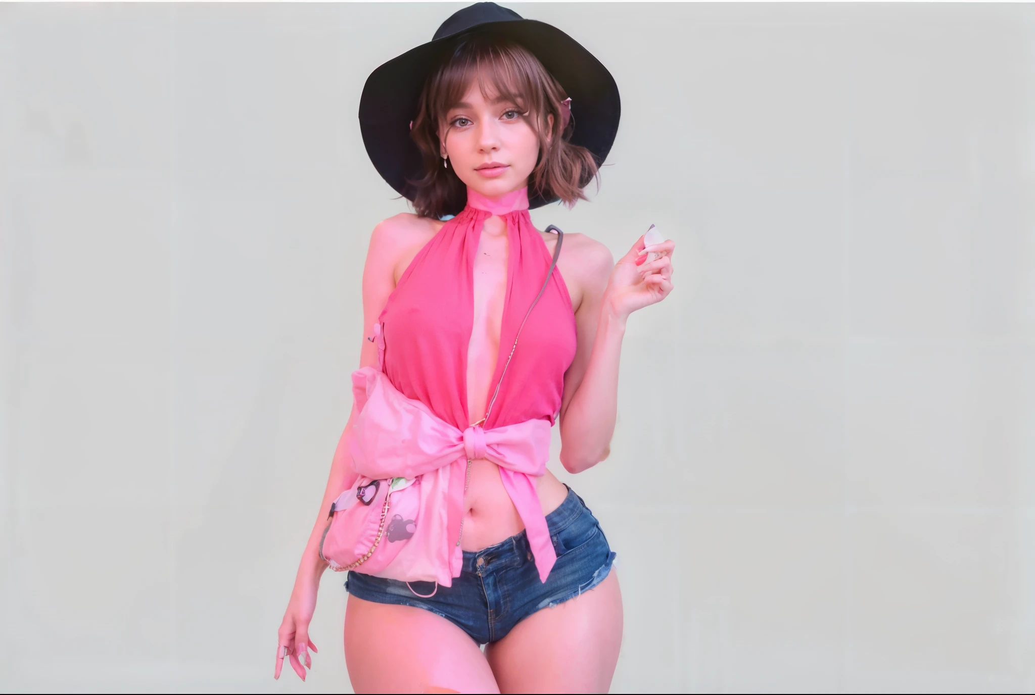 a close up of a beautiful young in mid 20s woman. teddy bear backpack on her hip, tattoos below eyes in a pink top and shorts, tanny skin, 🌺 , glossy skin, in clothes! highly detailed, casual pose, realistic shaded perfect body, pink skin, pink girl, iray, ddlc, ultra realistic, photorealism