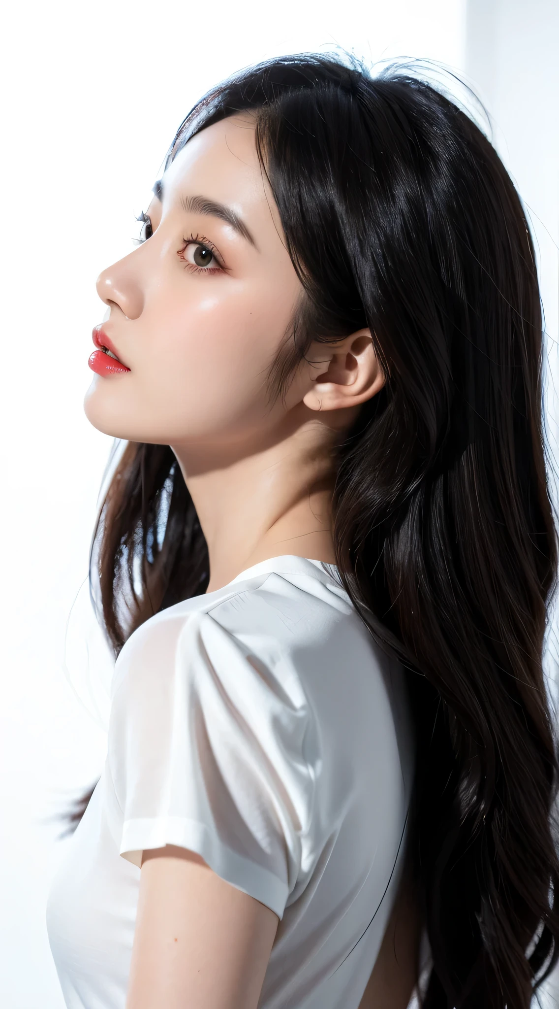 White short-sleeved clothes，chinese woman，Long black hair and red lipstick posing, woman with porcelain skin, 侧面轮廓居中portrait, 側面portrait, Protruding jawline, side close-up, thin and shiny hair, 側面輪廓居中的portrait, Profile of a woman, Elegant sideways posture, Elegant sideways posture, Side profile above the waist，White short-sleeved clothes，White short-sleeved clothes，White short-sleeved clothes，White short-sleeved clothes，portrait, Asian girl with long hair