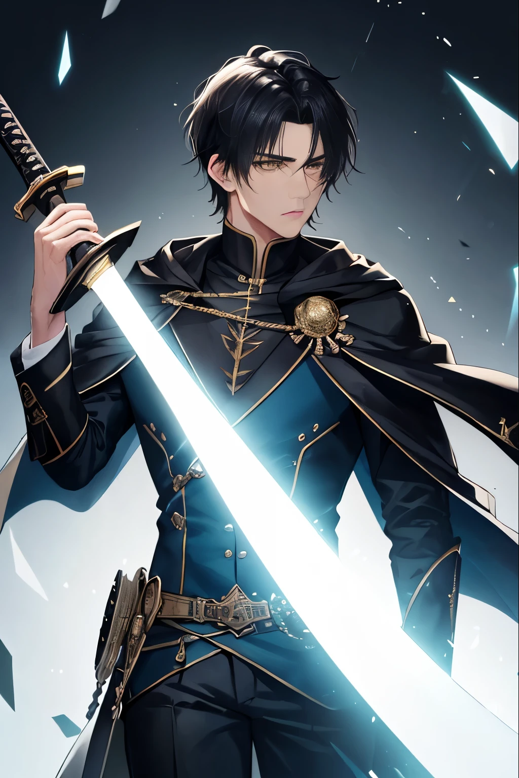 necessary, quality , mastership, 1 male, sportsman, Concentrate upon, yellow eyes, alone, forehead, look at the audience, Hood, short, black hair，short hair on the ears, Luxury，8 thousand，Detail，ray tracing，depth of field，movie lights, fantasy , black clothes, blue clothes ,no background,Gray clothes,holding a sword
