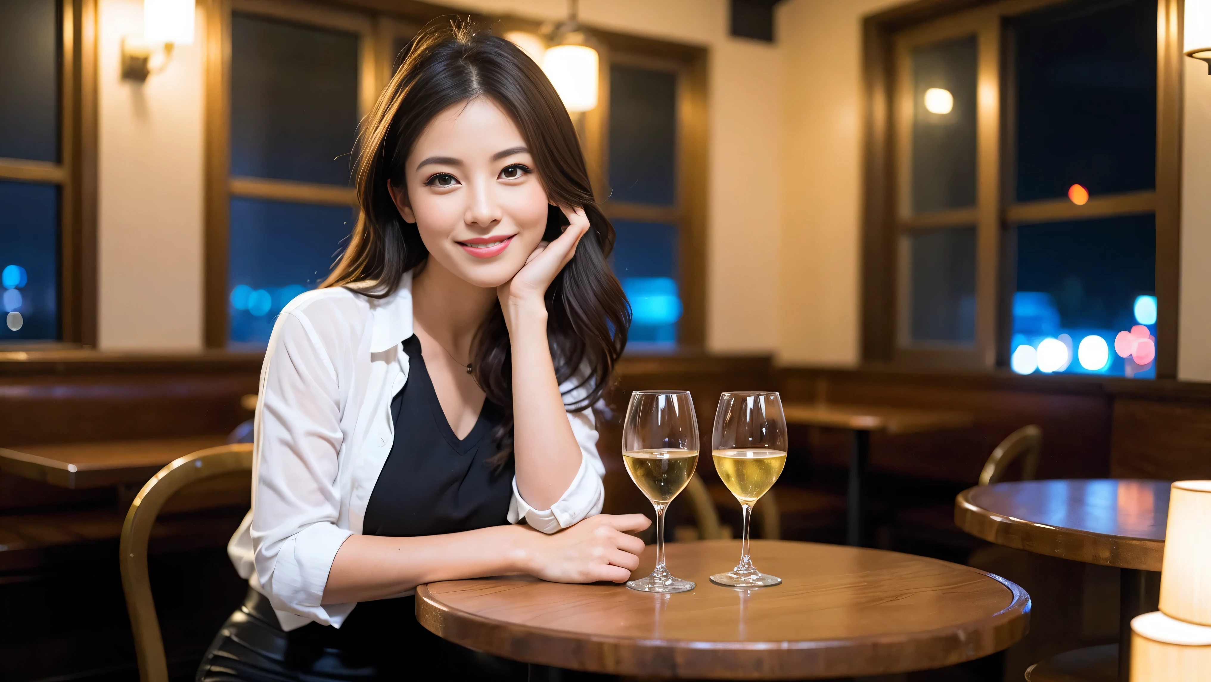 (including 64k, nffsw, highest quality, table top: 1.2), (realistic, realistic: 1.37), pretty woman 1, (slimフェイス), (because I'thin), (brown hair), (shortcut), cheeks turn a little red, (40 years old), 38 years, alone, 窓の外には美しく緻密なnight景が広がります..., restaurant, wine glassに座って, nightに, in a prominent place (from the waist up) nova frog style, actress, model, Upper body, White wine, slim, wine glass, とてもきれいなnight景, 真ん中に置かれたwine glass, smile, (smile: 1.15), Beautiful little eyes, Upper body, bust japan up, night, short, short, actress, model, Upper body, White wine, slim, wine glass, とてもきれいなnight景, 真ん中に置かれたwine glass, smile,