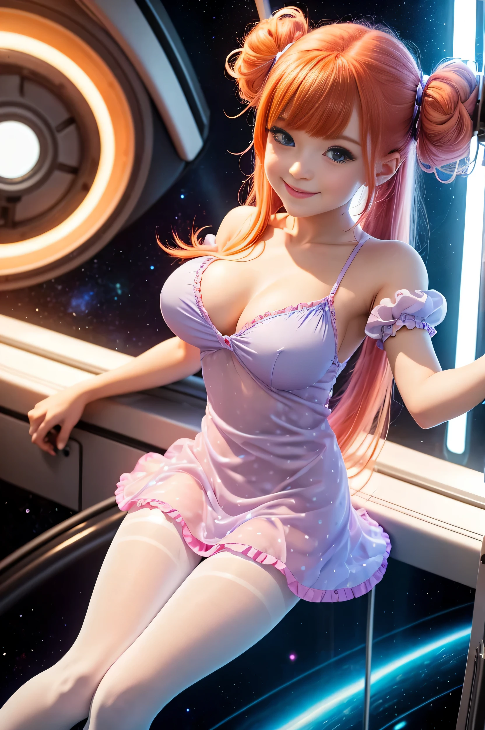 (overhead view) Cute redhead with rainbow colored hair tips, ribbons in her hair, 18-year-old woman, happy, smiling, in twin tails, perfect eyes, clear sparkling blue eyes, pale skin, silky smooth white skin, alabaster skin, flying a fancy metal luxurious space ship, futuristic cockpit, she's a pilot, outer space seen in windows, dark warm lighting, wearing a futuristic (chemise) party dress, low cut top, pleated (chemise) mini dress (pastel rainbow colors, and polka dots), puffy sleeves, ((also wearing pantyhose on her legs: 1.2)).