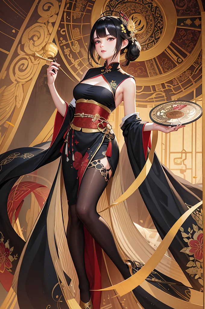 Digital Illustration of Genshin Xianyun in a breathtaking full body portrait, showcasing the intricate details of her elegant cheongsam adorned with delicate floral patterns. She stands tall in high heels, accentuating her graceful posture, while her slender legs are adorned with alluring black stockings. In her delicate hands, she holds a beautifully decorated folding fan, adding a touch of traditional charm to the scene. With photorealistic precision and raw artistry, this masterpiece captures every nuance of her short black hair, framing her enchanting brown thirteen-lotus-shaped eyes and captivating smile. Bathed in cinematic lighting, the high resolution image showcases sharp focus and depth of field, allowing the viewer to appreciate the realistic pupils and sharp pupils that bring her to life. The exquisite