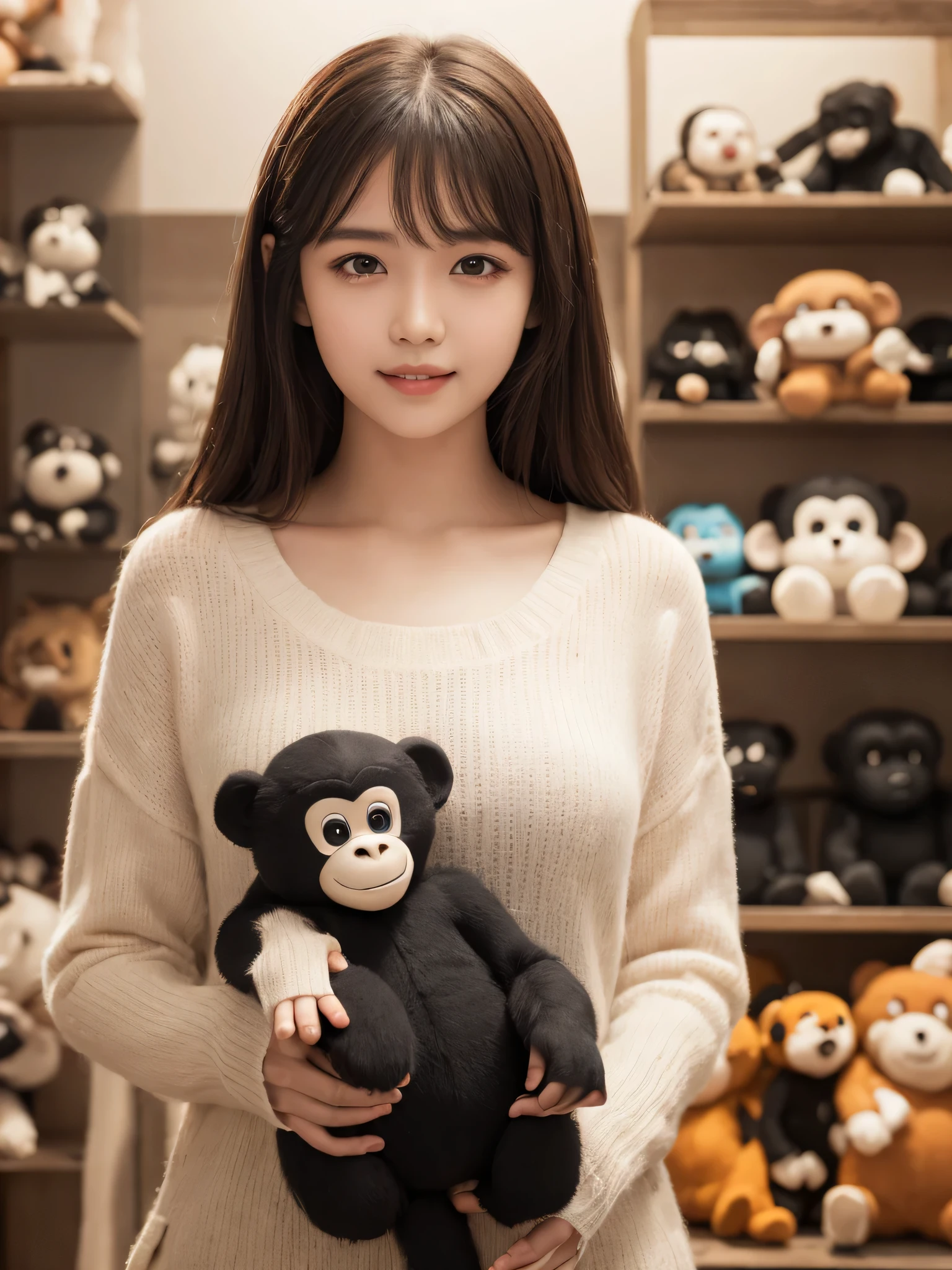 (best quality), (ultra-detailed), (llustration), (detailed light), (an extremely delicate and beautiful), 1young girl, long hair, brown eyes, (smile slightly, Innocent and cute expression), model, Enchanting, Sublime, Ethereal, fantastic, extremely detailed CG unified 8k wallpaper, High-definition raw color photos, professional photography, indoors, (Stuffed toy shop, surrounded by lots of stuffed chimpanzee), (Bokeh), depth of fields,