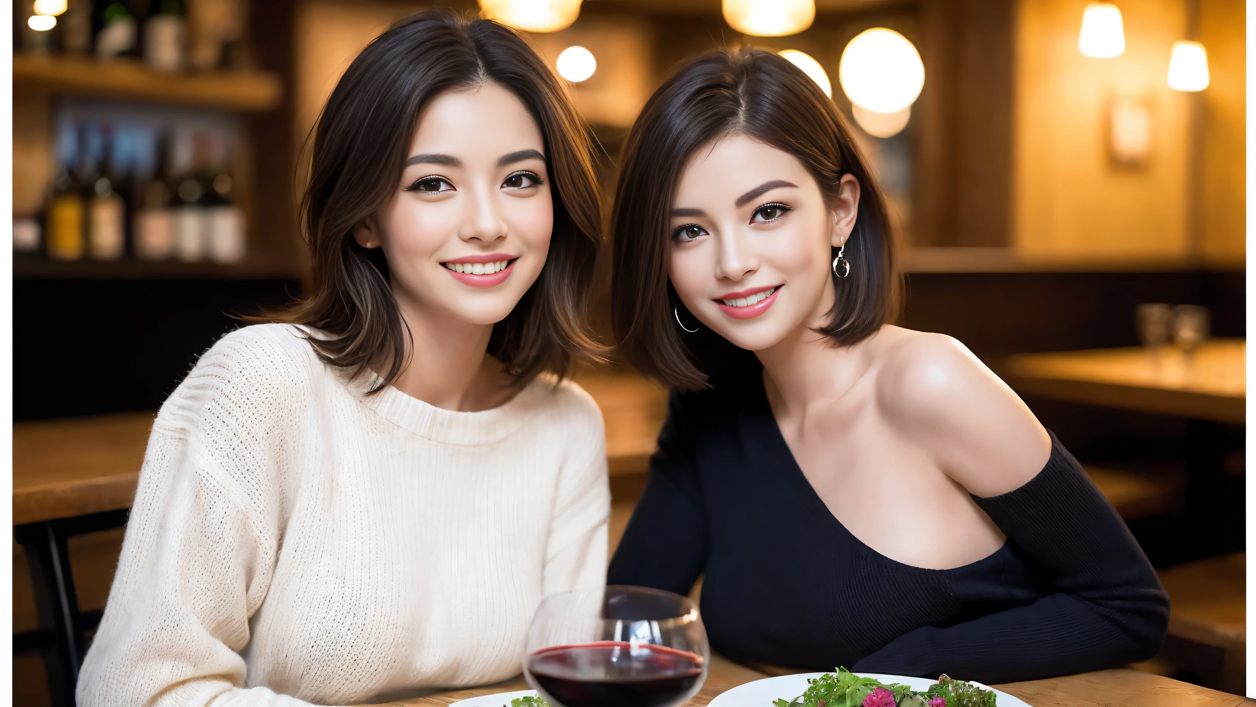 (including 64k、nffsw、highest quality、masterpiece:1.2)、(realistic、Photoreal:1.37)、Super detailed、wine glass、while enjoying wine、mature woman、two beautiful women、(slim face)、(because I'thin)、(brown hair)、(shortcut)、Latino、smileのフランス人女性、happy italian girl、british woman、Americana、cheeks are a little red、(38 years)、42 years old、red wine、窓の外には美しく緻密なnight景が広がります.......、restaurant、目立つ場所にあるwine glass、night、(from the waist up)、sit on top、date、(laughter:1.15)、thin and beautiful eyes、cashmere sweater、long sleeve dress、Japanese、(short hair:1.2)、Float NovaFrogStyle、、modeled、from the waist up、White wine、turned into slime、wine glass、超綺麗なnight景、wine glassを真ん中に置きます、smile、(8k、RAW photo、highest quality、masterpiece:1.2)、(realistic、Photoreal:1.37)、Super detailed、ultra high resolution、2 females、see the beholder、beautiful and detailed face、laughter、narrow、(slim waist) :1.3)、knit shirt、Fine and beautiful skin、skin texture、floating hair、professional light needle breast、kind eyes