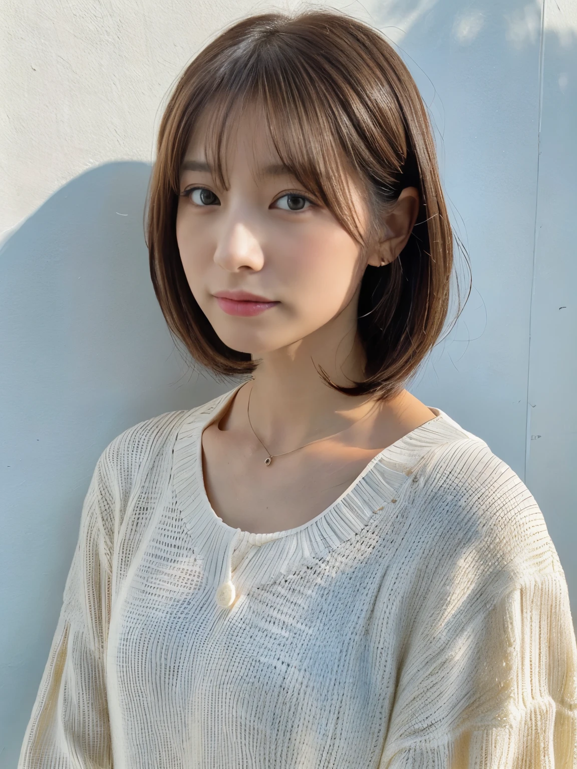 (very realistic pictures, High resolution, detailed face, fine eyes), ((Taken in front of a white wall))、japanese woman, 40 years old, various expressions, alone:1, slim body shape, various hairstyles, casual clothes, Only one person is in the photo、long sleeve dress、Photographed in natural light、simple necklace、Don&#39;don&#39;t look at the camera、profile、olive brown hair color、bob hair