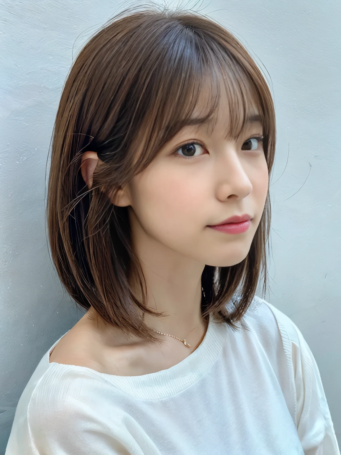 (very realistic pictures, High resolution, detailed face, fine eyes), ((Taken in front of a white wall))、japanese woman, 40 years old, various expressions, alone:1, slim body shape, various hairstyles, casual clothes, Only one person is in the photo、long sleeve dress、Photographed in natural light、simple necklace、Don'don't look at the camera、profile、olive brown hair color、bob hair