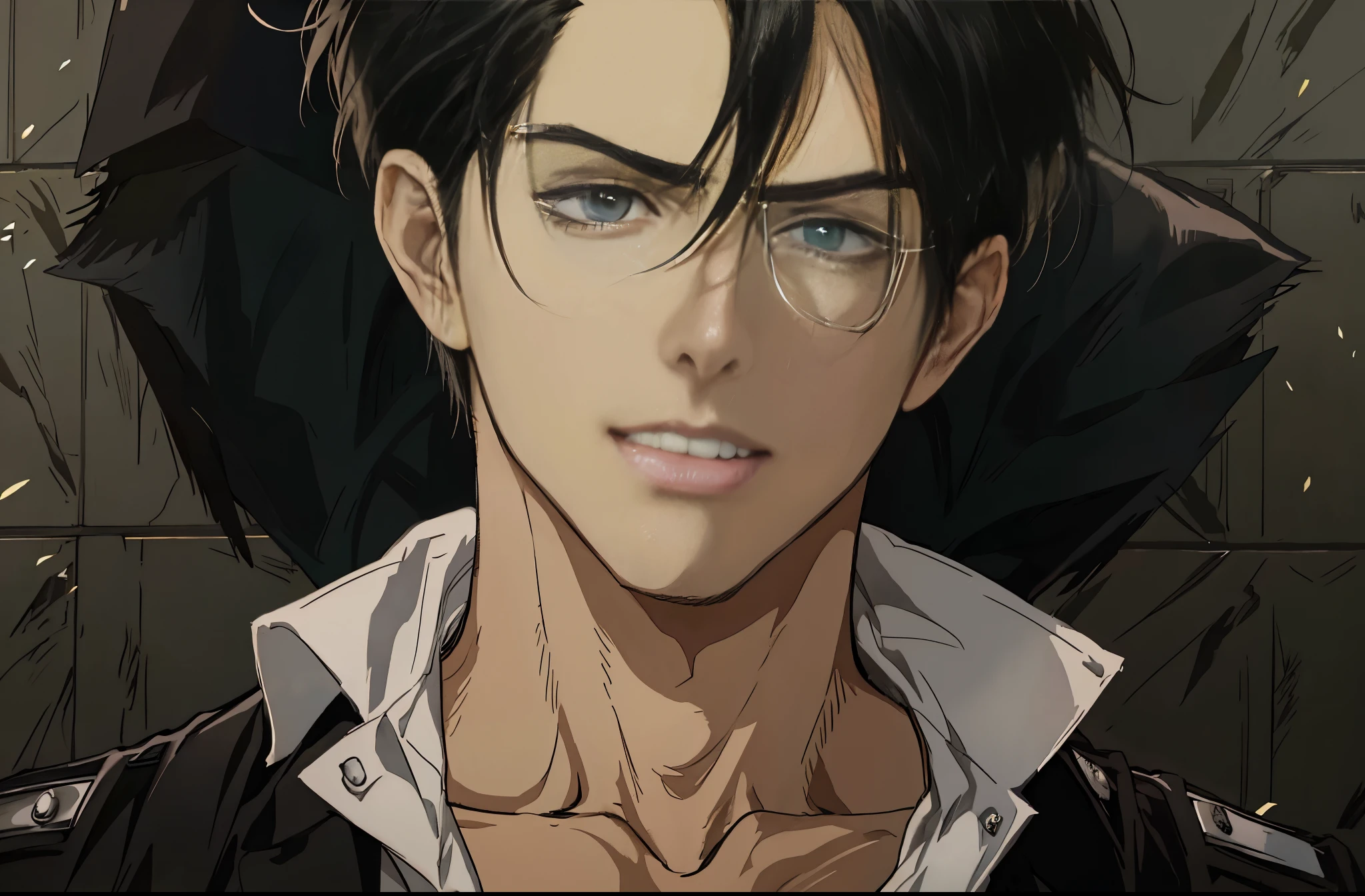 Anime image of a man wearing a black jacket and white shirt, portrait of eren jaeger, Levi Ackerman, snk, From Attack on Titan, anime handsome man, villain'the laughter of, (Attack on Titanアニメ), hajime isayama'Style, Attack on Titan'mystery, Attack on Titanで