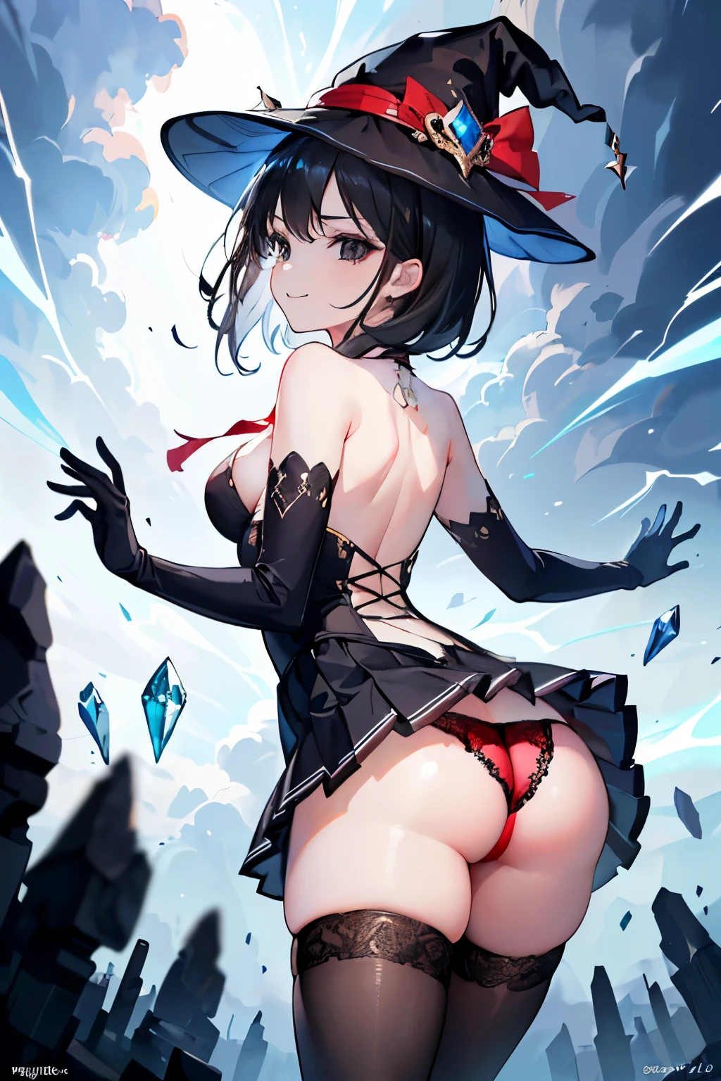 (((1girl))), ((best quality)), ((masterpiece)), ((ultra-detailed)), (illustration), (detailed light), (an extremely delicate and beautiful), (beautiful detailed eyes), (sunlight), ((extremely light)), ((extremely clothes)), (((hyper detail))),(((((front lighting))))),(((((front light))))),
((((quite adorable magical dress with brief pleated skirt and magical hat)))),
, (((Necromancer))),
(((short bob))), ((((black hair)))),
(((crystal black eyes))),
((((whole body)))), aged 5 8, ((((())))), (((((quite adorable young girl))))),
(((condescending expression))), (mischievous smile with sexual satisfaction), (((extra adorable))), (((extra slender shape))),
(((extremely beautiful detailed face))),
((elegant magic gloves)),
((elegant magic boots)),
(((bravely and dynamically attacking enemies with a Magic of Thunder Clouds))), ((Dutch angle)), (((magical red and black panties))), ((((rear view)))),
(((()))),
(((extremely thin thighagical stockings)))