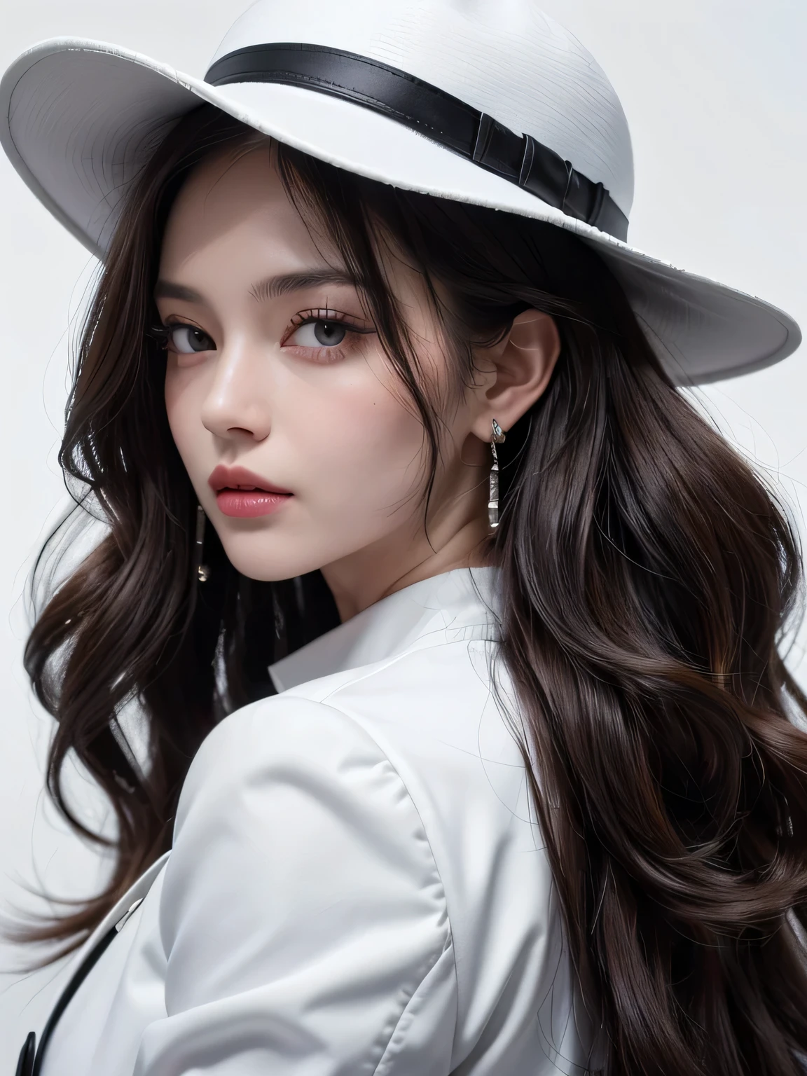 (8k, highest quality, High resolution, RAW photo, masterpiece :1.3), beautiful adult woman, Long contour, ((pure white background)), (black jacket, one piece, have), (loose wavy bob hair), ((Accurately express details such as faces and skin textures)), take a pose, earrings