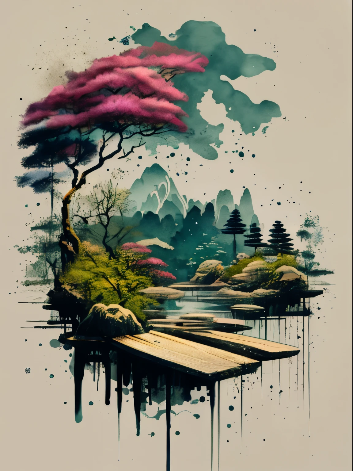 Graffiti Comics，墙上的water墨画，Composing a landscape， Monte， water， Tree，彩色墨water，Color dripping，