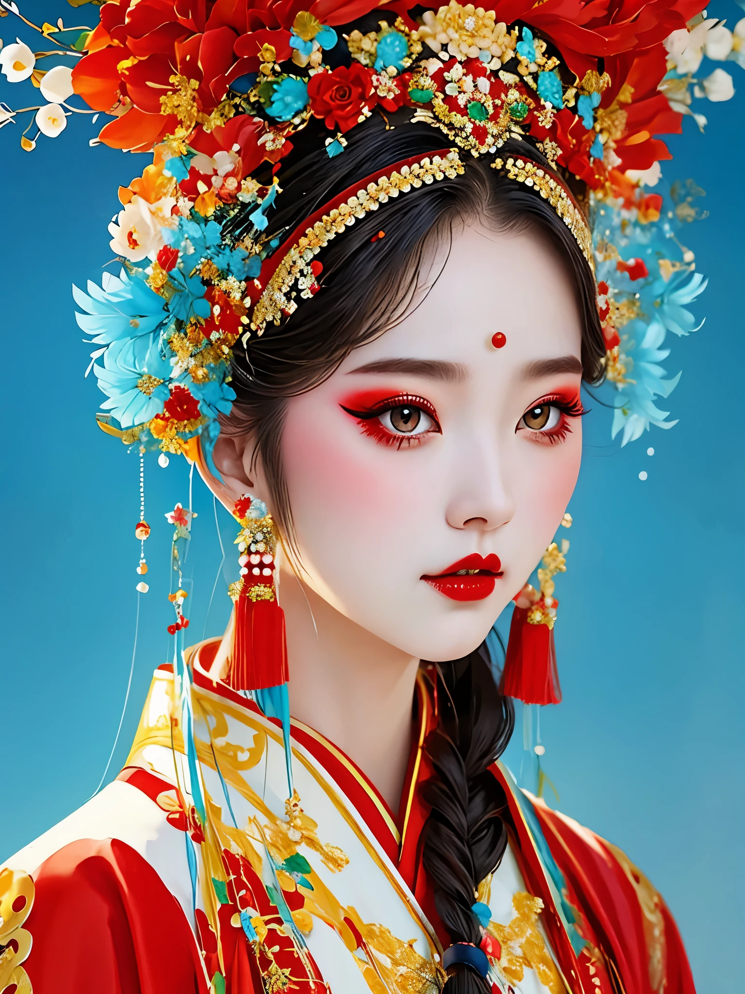 (masterpiece, best quality:1.2),（1 girl）,(beautiful)，portrait，red face，look at camera，landscape on hair，A bouquet of flowers，landscape，Hanfu，Skin details， alone，Chinese Peking Opera，Gorgeous costumes，Exquisite headdress，flower headdress，tassel，pearl，clean background，blue，Red，green