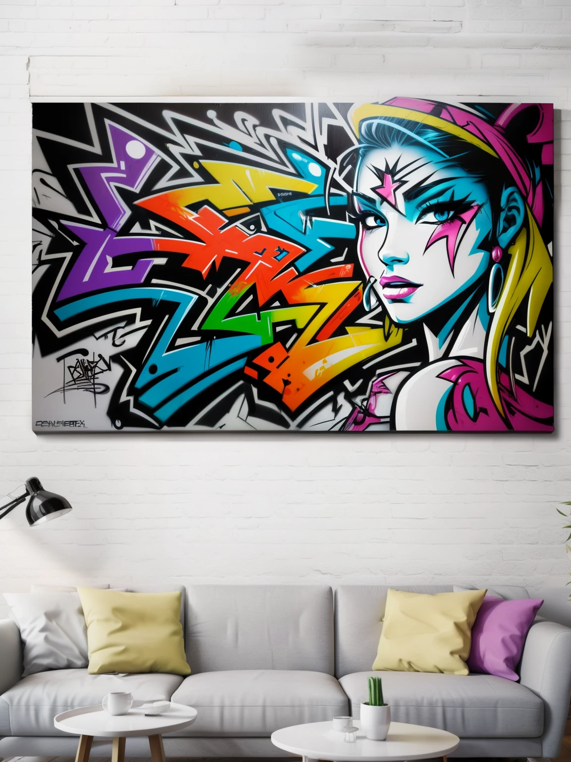 Graffiti Comics，Graffiti painting, street art, 8k wallpaper extremely detailed CG unit, 8k landscape, artwork, masterpiece, best quality, amazing light brush strokes, of a woman in graffiti style on a white wall with vibrant colors.