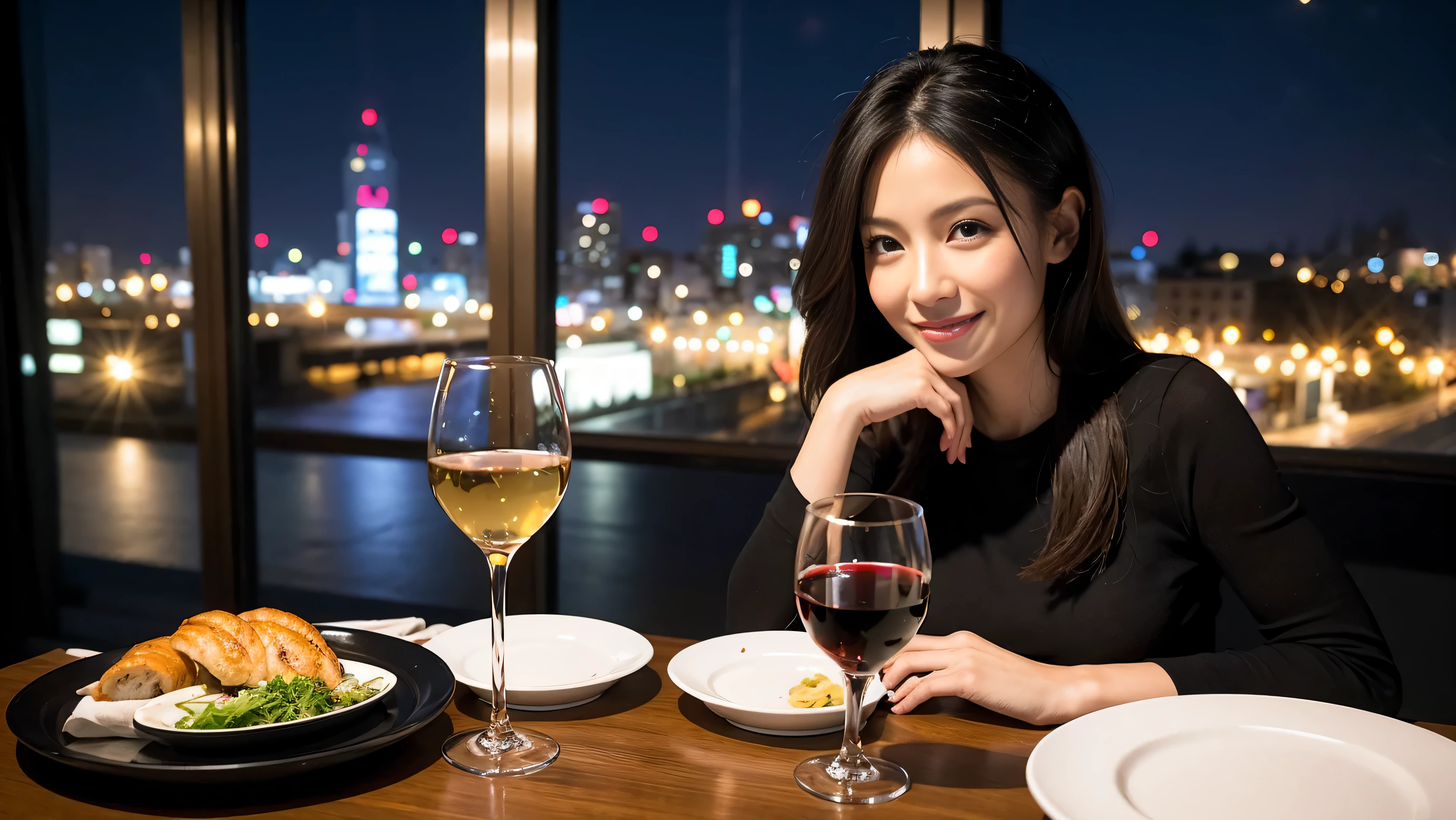 (including 64k, nffsw, highest quality, table top: 1.2), (realistic, realistic: 1.37), pretty woman 1, (slimフェイス), (because I'thin), (brown hair), (shortcut), cheeks turn a little red, (40 years old), 38 years old,35 years old、 cashmere,long sleeve dress、 窓の外には美しく緻密なnight景が広がります..., restaurant, wine glassに座って, nightに, in a prominent place (from the waist up) nova frog style, actress, model, Upper body, White wine, slim, wine glass, とてもきれいなnight景, 真ん中に置かれたwine glass, smile, (smile: 1.15), Beautiful little eyes, Upper body, bust japan up, night, short, short, actress, model, Upper body, White wine, slim, wine glass, とてもきれいなnight景, 真ん中に置かれたwine glass, smile,