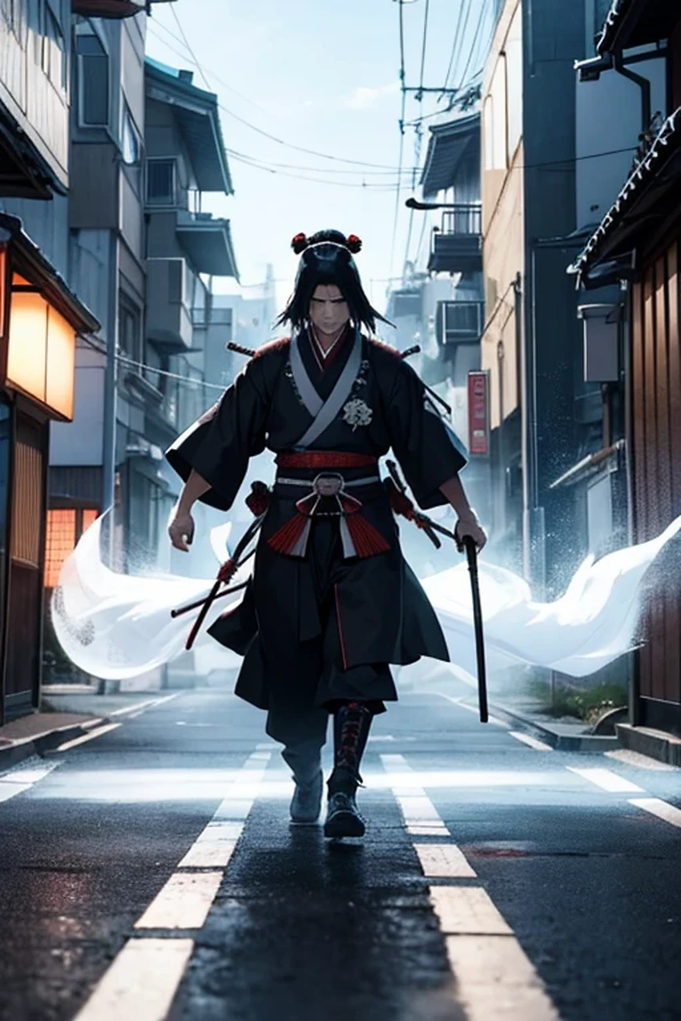 The ghost of a Japanese samurai approaches through a modern cityscape.