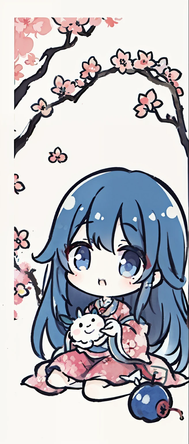 ((4k、Masterpiece、top quality))woman,meditation,long hair,dark blue hair,cute,open eyes,rabbit,Under the cherry blossom tree
