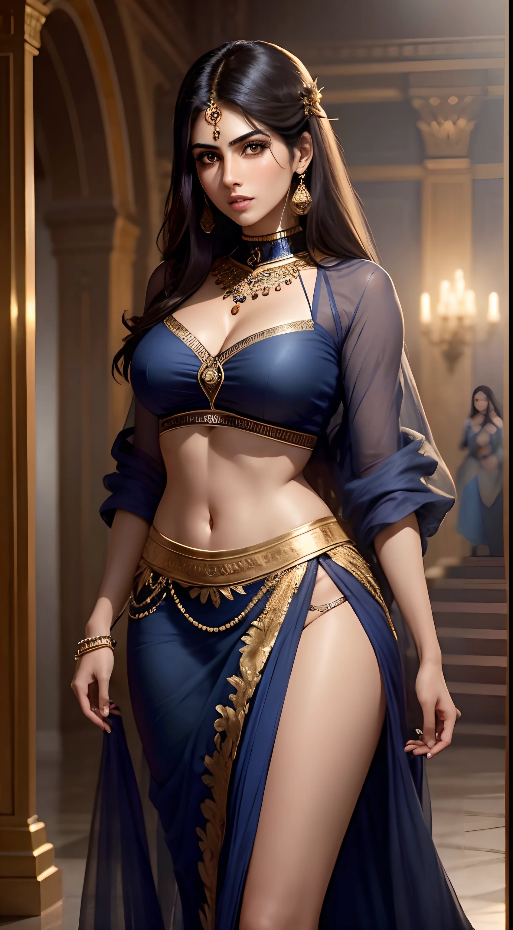 Rhea Chakraborty as a beautiful 21-year-old woman, She wears a gorgeous navy blue gagra and a long blouse, Eye mascara, eyeshadows, long eyeslashes, gold jewerly , Large breasts, Stand in the palace, Upper body, Front view, gros-plan, Pubic hair visible