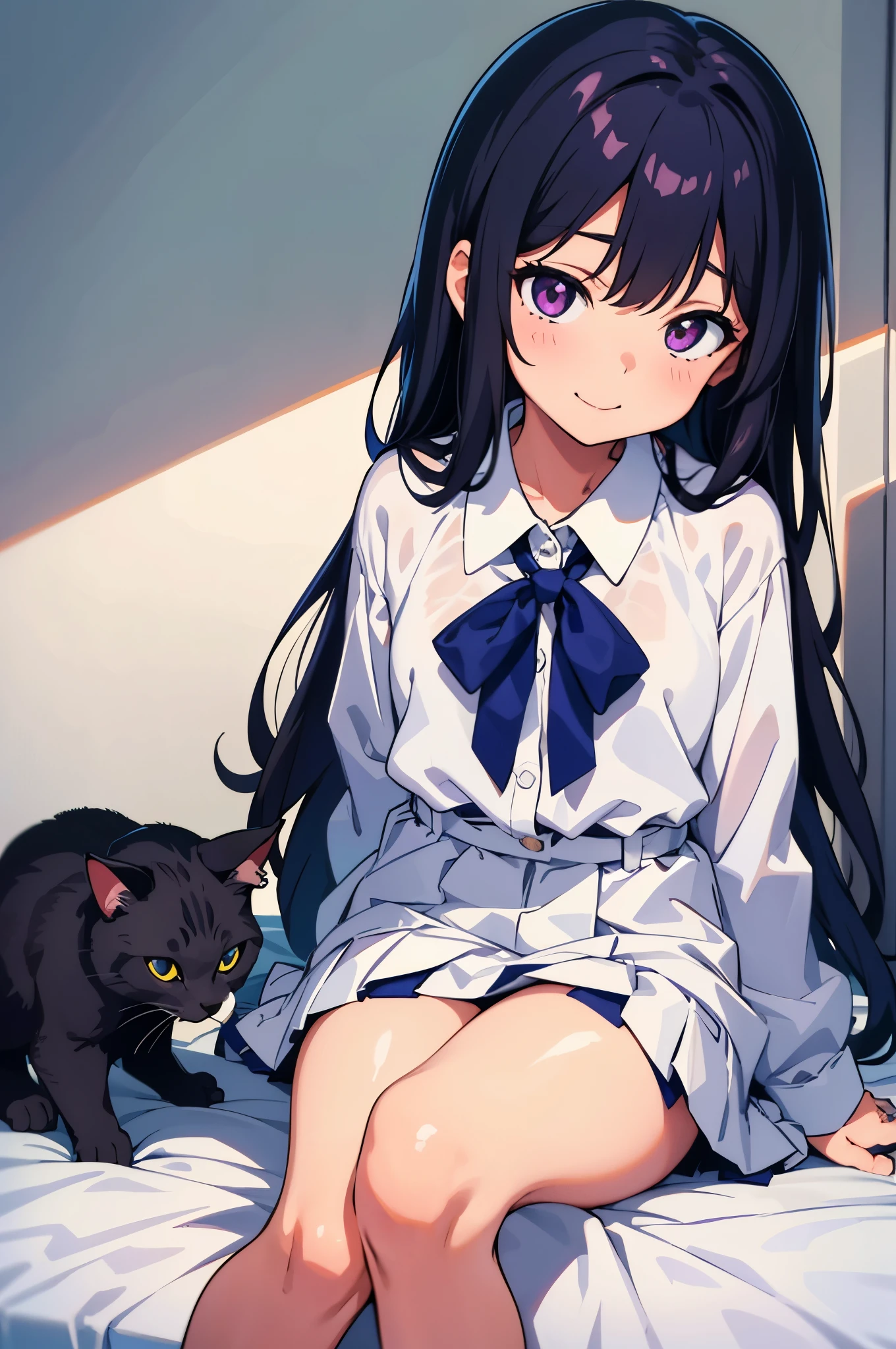 -year-old flat chest blacir lohair eyes are purple smile((1 person)) White upper body blouse Lower body navy blue miniskirt white panties girl's room sitting on the bed There is a cat next to the girl((足が開いてwhite pantiesが見える)) from the front Lower body center angle