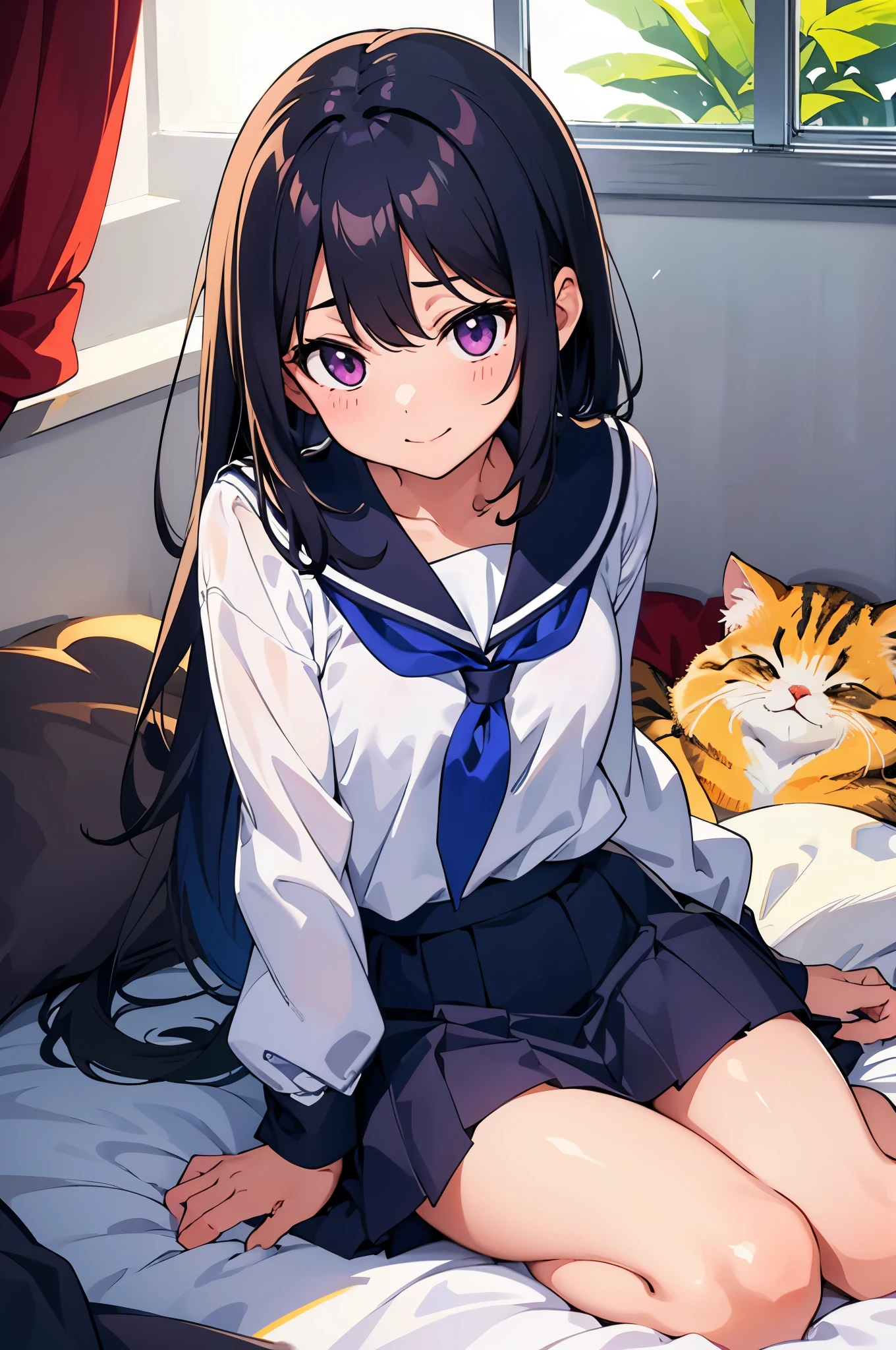 -year-old　flat chest　blacir　lohair　eyes are purple　smile（（1 person））　White upper body blouse　Lower body navy blue miniskirt　white panties　girl&#39;s room　sitting on the bed　There is a cat next to the girl（（足が開いてwhite pantiesが見える））　from the front　Lower body center angle