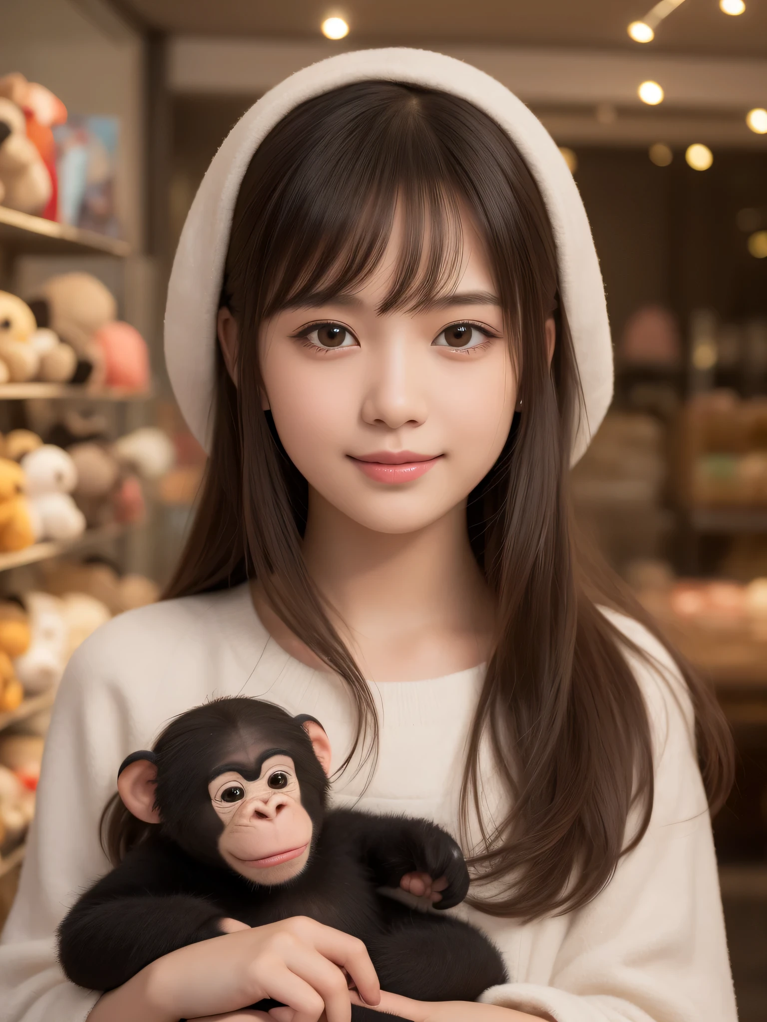 (best quality), (ultra-detailed), (llustration), (detailed light), (an extremely delicate and beautiful), 1ung girl, long hair, brown eyes, (smile slightly, Innocent and cute expression), model, Enchanting, Sublime, Ethereal, fantastic, extremely detailed CG unified 8k wallpaper, High-definition raw color photos, professional photography, indoors, (Stuffed toy shop, surrounded by lots of stuffed chimpanzee), (Bokeh), depth of fields,