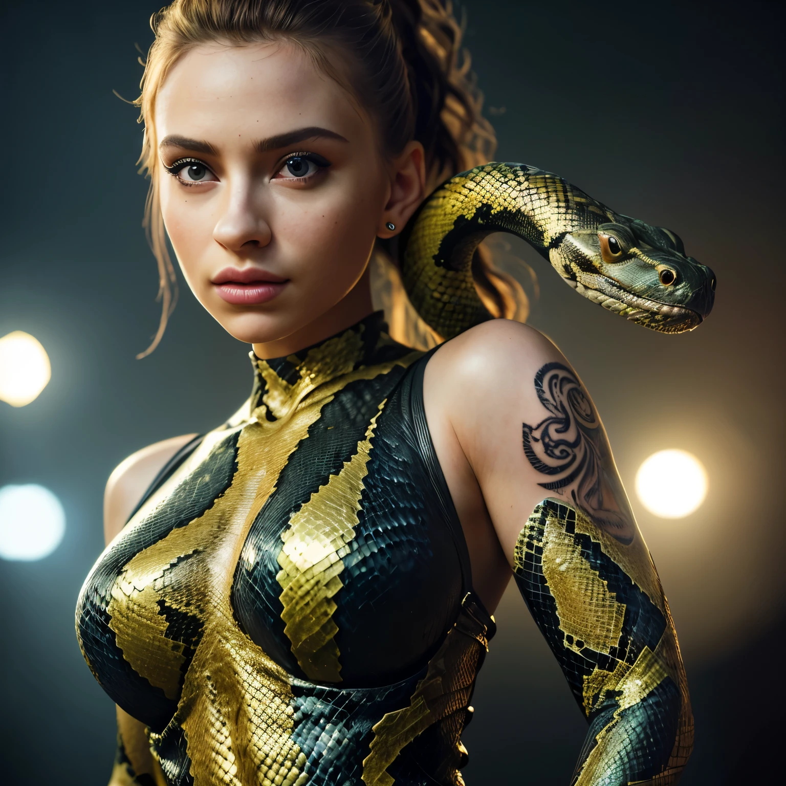 (best quality, 4k, highres, masterpiece:1.2), ultra-detailed, (realistic, photorealistic, photo-realistic:1.37), HDR, UHD, studio lighting, professionally crafted, vivid colors, bokeh, portraits, sexy, European girl, closeup back view, full 3D bodysuit tattoo, very detailed snake head, snake on her shoulders