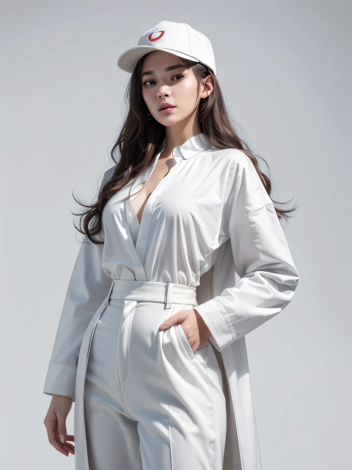 (Female: 1.2), (Large breasts: 1.2), (Mullet head scattered), (Ring finger diamond ring), (Wearing a white coat), (Slacks), (Yellow board shoes), (Spring clothes), (Long legs), Sideways, Buttocks, Full Body, Masterpiece, Realism