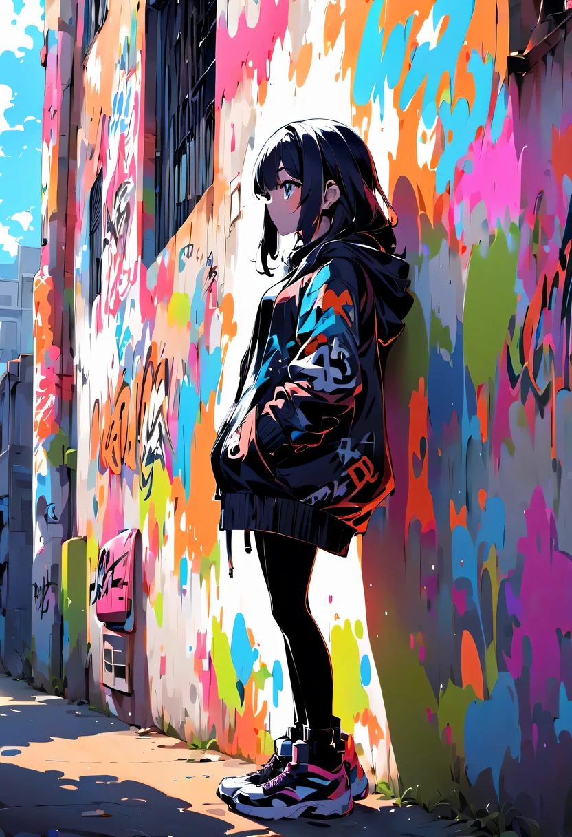Graffiti漫画，Graffiti, wall, whole picture, High resolution and high contrast,simple,girl