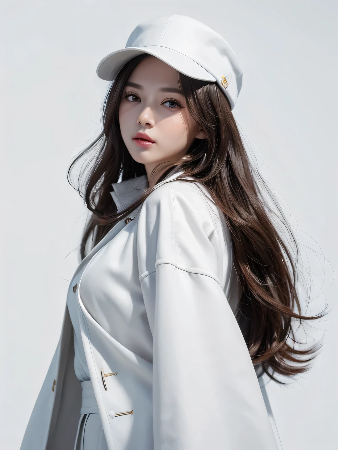 (8k, highest quality, High resolution, RAW photo, masterpiece :1.3), beautiful adult woman, Long contour, ((pure white background)), (long coat, white shirt, wide pants, have), (loose wavy bob hair), ((Accurately express details such as faces and skin textures)), take a pose,