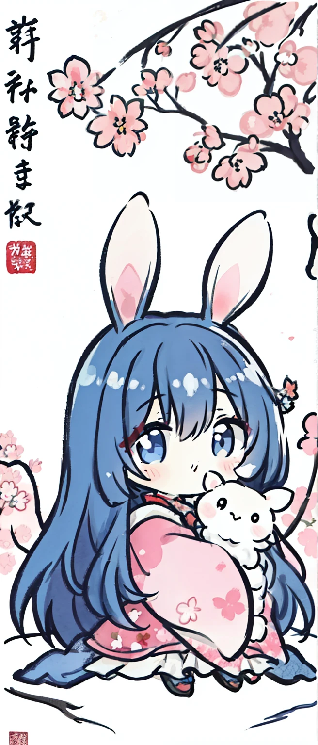 ((4k、​Masterpiece、top quality))woman，meditation，long hair，dark blue hair，cute，open eyes，rabbit，Under the cherry blossom tree，Sleeves cover the handles