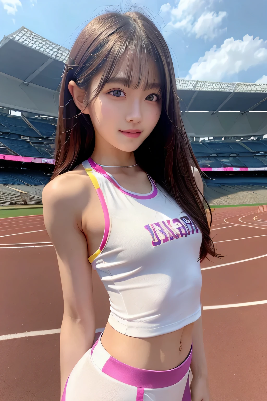 pieces fly、masterpiece、highest quality、Super detailed、High resolution、High resolution、8K portrait、Unity 8k壁紙のHigh resolutionCG、unity 8k wallpaper、cute:1.5、:1.5、Highly detailed CG unity 8k wallpaper、realistic、real person、cute、 portrait photography、shiny skin、High resolution、(20-year-old:1.2)、(1 girl)、beautiful clear eyes、very detailed explanation、delicate face、nice lips、slender body、thin waist、thin legs、(athletics stadium:1.3)、(small breasts:1.3)、(Colorful sleeveless track and field uniform:1.4)、(My nipples hurt:1.4)、(smile)、(abs:1.4)、(take a pose:1.3)、(long legs:1.2)