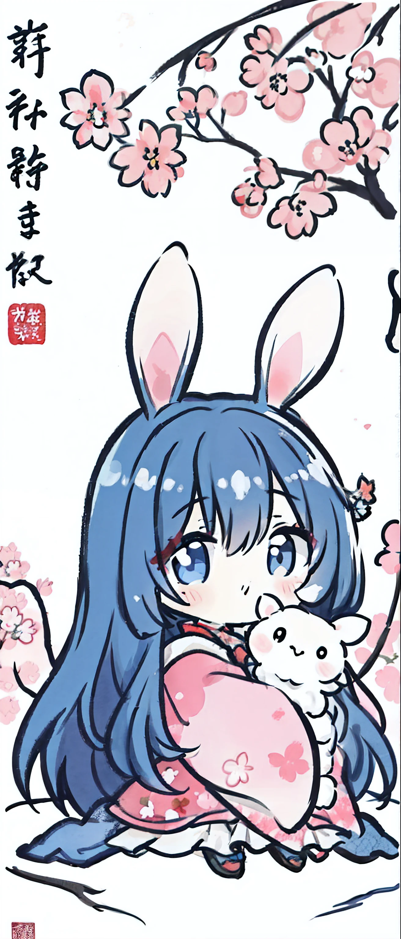 ((4k、Masterpiece、top quality))Miss,meditation,long hair,dark blue hair,Lovely,open eyes,rabbit,Under the cherry blossom tree,Sleeves cover handle