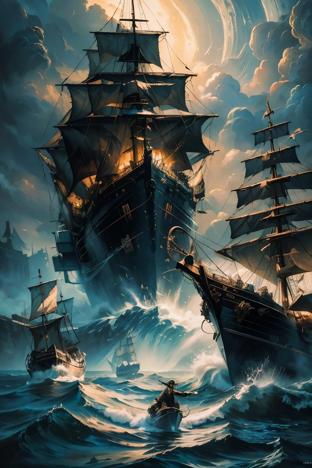 (Masterpiece, High Quality, Oil Painting), Heavy Impasto Pirate Ship and Captain, Cosmic Horror Painting,
(Top Quality, 4K), Vibrant and Intense Oil Painting, Pirate Ship with Detailed Sails, Wood Grain Texture, etched lines, Realistic Depiction of the Captain with intricate facial features and wrinkled texture, Cold and creepy cosmic background, Swirling and twisting colors that convey a sense of unease and terror, Detailed and textured brushstrokes that add depth and dimension to the painting.
(Masterpiece, Extremely Detailed), Elegant and Intricate Artstation Concept Art by
