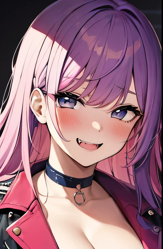 illustration, cartoon, 1girl, big breasts, close up, rainbow hair, solo, sketch, punk hairstyle, indoors, blush, grin, fangs, choker, jacket