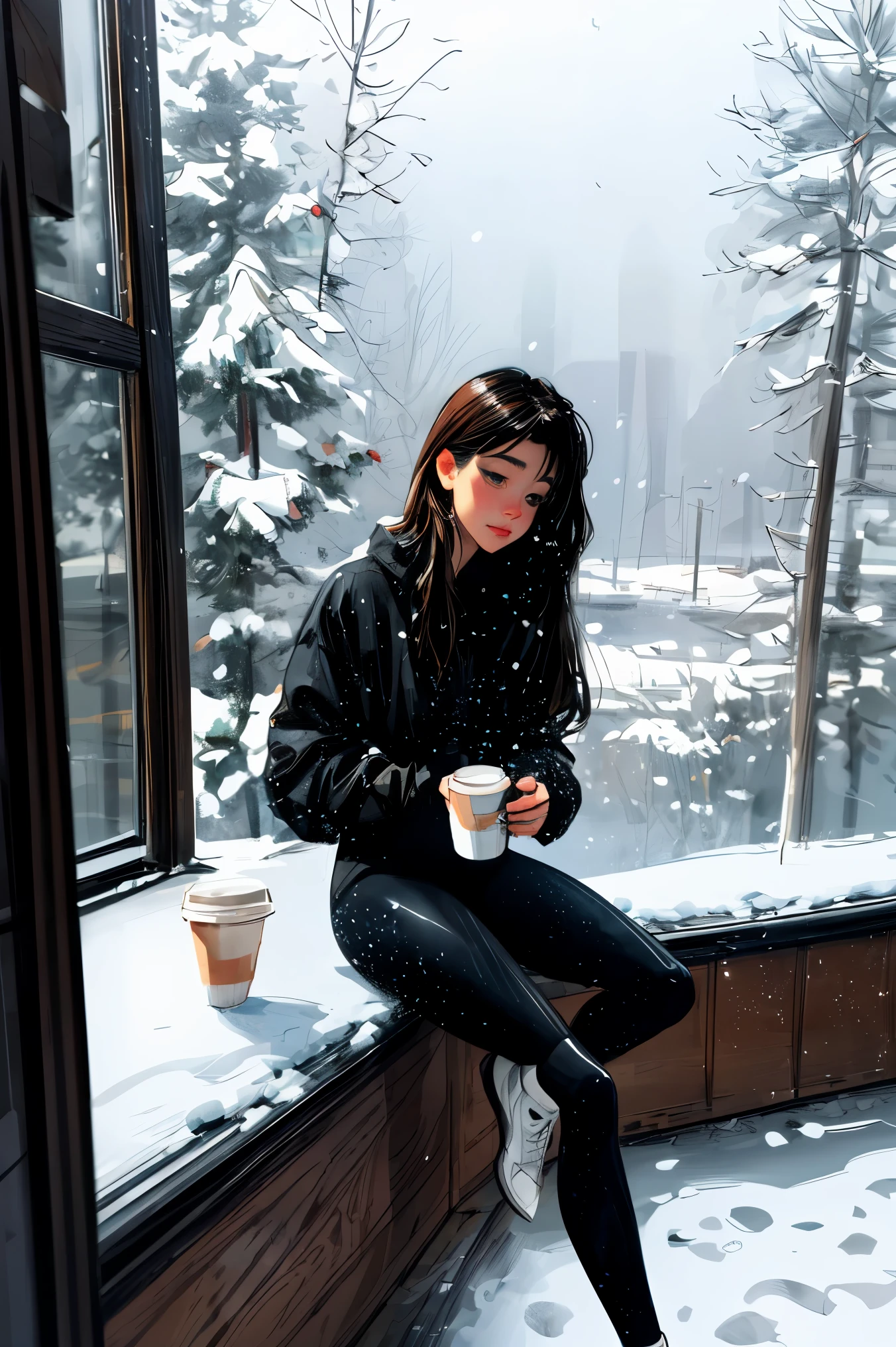 Illustration of a woman sitting on a window sill and holding a cup of coffee, illustration!, Songs inspired by Itō Shinsui, It's cold snow falling outside, girl on the window sill, Pascal Campion(Pascal Campion)Works inspired by(Pascal Campion), watercolor illustration, watercolor illustration style, blurry and dreamy, winter photos, There is a woman standing in front of a quiet window and looking out.., snowy. stormy weather. Anime Female, realistic mature woman, illustration, Anime Female은 눈 내린 창문 밖을 본다, realistic art style, Realistic anime art style, Realistic anime art style, Ilya Kuvshinov with long hair, in anime style, Woman in front of mysterious snowy window(masterpiece:1.4), (best quality:1.4),Woman wearing tight sportswear,vivid colors, soft focus, light leak, dreamy atmosphere, experimental charm, Retro charm break color field painting, various colors, abstract expressionism, Bold colors, emotional impact, atmospheric depth, MINIMALIST APPROACH BREAK, Beautiful woman, UHD (ultra detail) viewers who see it.., different, fancy, Long hair dyed brown tied back 🌈, leggings clothing, White stardust in dark areas, absurd, high resolution, very detailed, (1 woman : ), vivid colors, soft focus, light leak,