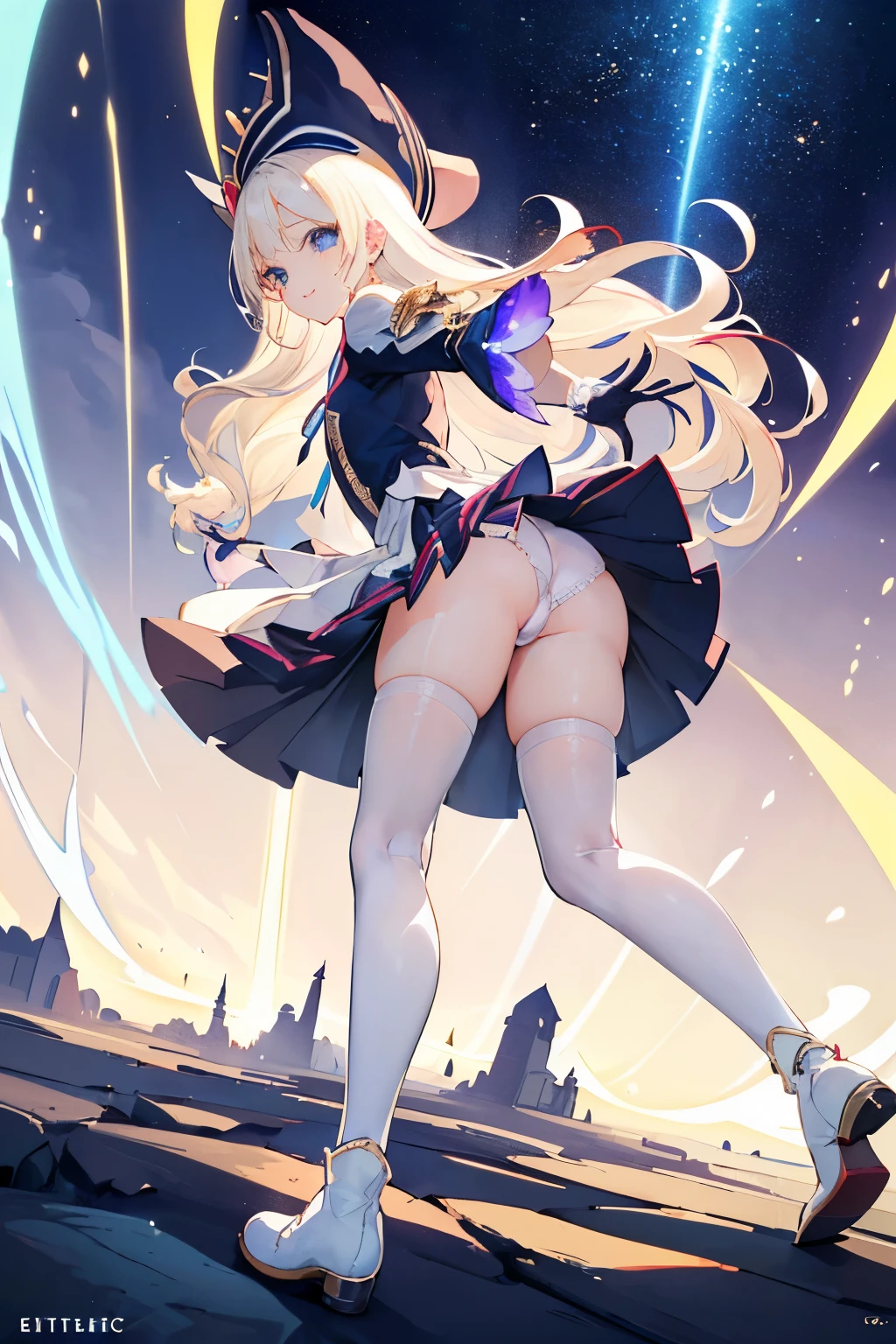 (((1girl))), ((best quality)), ((masterpiece)), ((ultra-detailed)), (illustration), (detailed light), (an extremely delicate and beautiful), (beautiful detailed eyes), (sunlight), ((extremely light)), ((extremely clothes)), (((hyper detail))),(((((front lighting))))),(((((front light))))),
((((quite adorable magical dress with brief pleated skirt and magical hat)))),
, (((Mage))),
(((wavy long hair))), ((((platinum blonde hair)))), (((long hair))),
(((sky blue eyes))),
((((whole body)))), aged 5 to 8, ((((())))), (((((quite adorable young girl))))),
(((condescending expression))), (mischievous smile with sexual satisfaction), (((extra adorable))), (((extra slender shape))),
(((extremely beautiful detailed face))),
((elegant magic gloves)),
((elegant magic boots)),
(((bravely and dynamically attacking enemies with a Magic of Light Beams))), ((Dutch angle)), (((magical panties))), ((((rear view)))),
(((()))),
(((extremely thin thighagical stockings)))