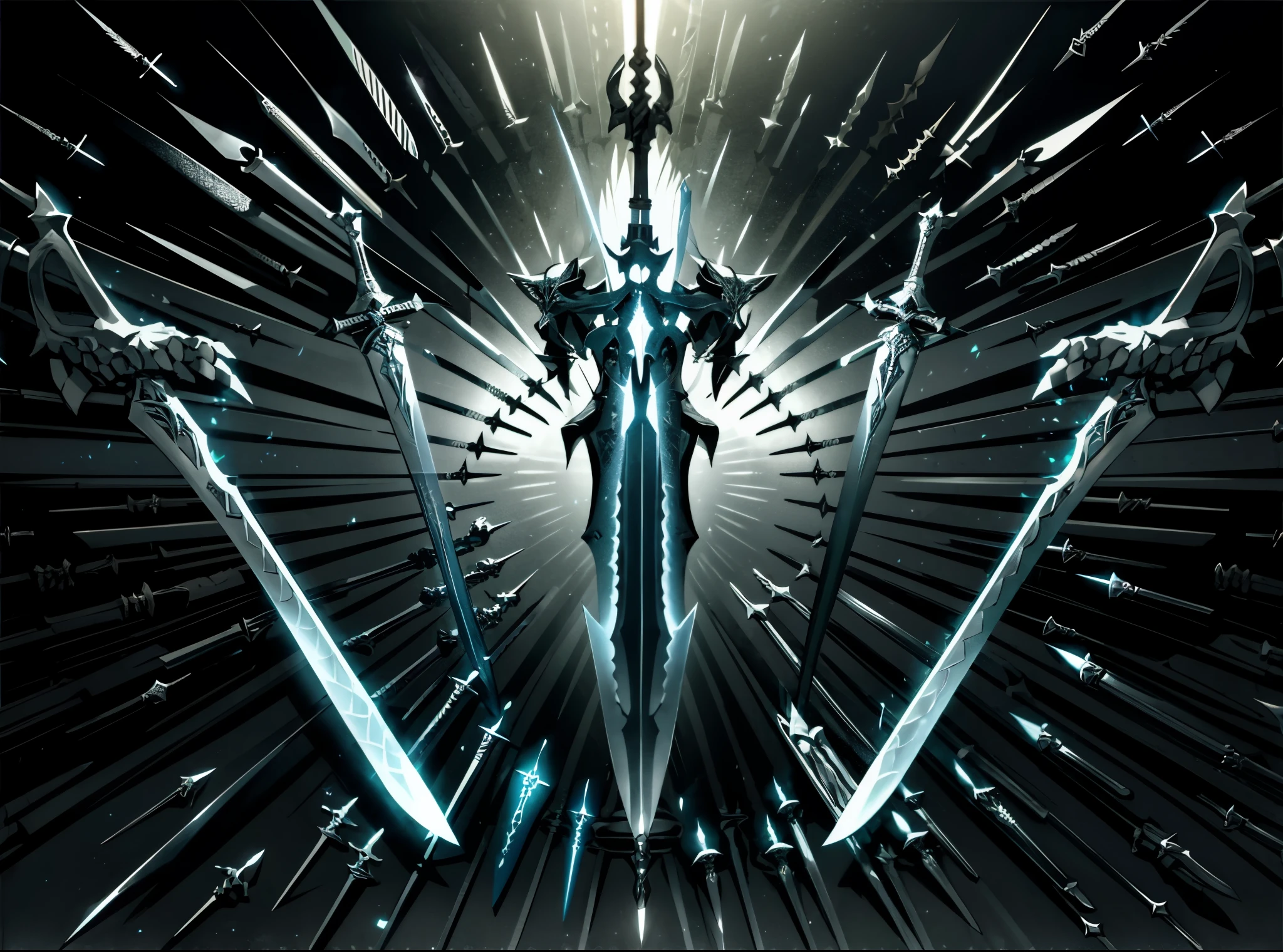 Sword formation,Countless swords,silver flying sword,Sword group,magic,light and shadow,nobody,masterpiece,extremely high detail,Silver and black color scheme,
