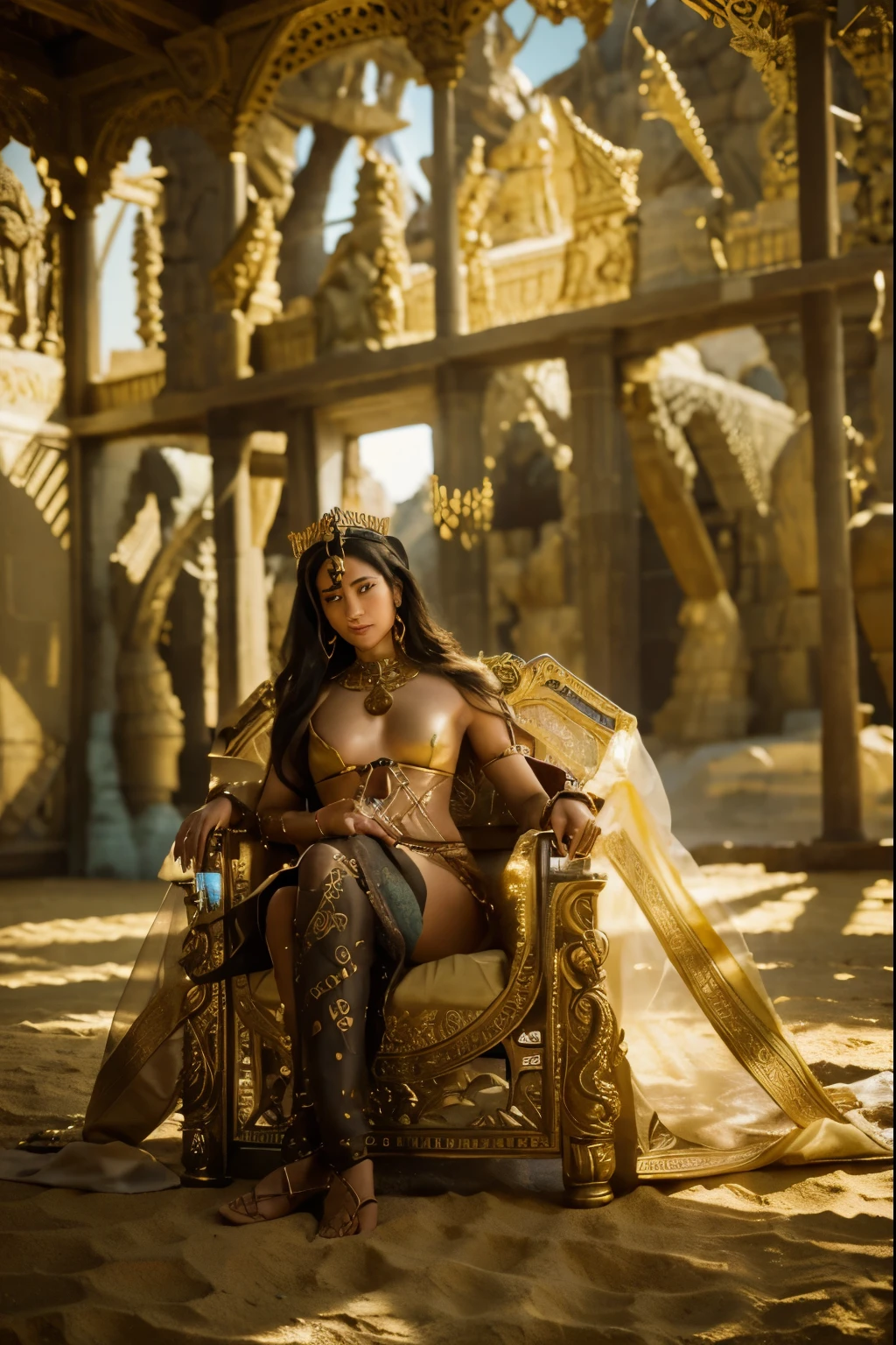 (Best quality, 8k, 32k, Masterpiece, UHD:1.2) "Craft a mesmerizing AI artwork that transports viewers to the grand desert Throne room of Sumeru, an awe-inspiring location from the vast world of Genshin Impact. Capture the regal majesty of the throne room, adorned with intricate sandstone carvings, opulent golden accents, and ancient artifacts that reflect the cultural richness of the region.
Imagine the vast expanse of the desert wasteland outside the throne room, stretching into the horizon with undulating sand dunes and remnants of ancient structures. Envision a colossal and mythical monster looming in the distant background, adding an air of mystique and danger to the scene.
Emphasize the play of light and shadows within the throne room, as sunlight filters through intricately designed windows, casting patterns on the sand-covered floor. Illuminate the opulence of the throne itself, creating a focal point that radiates authority and power.
Incorporate elements of Sumeru's lore and mythology, blending fantastical architectural design with the natural beauty of the desert landscape. Consider including subtle details like mystical symbols, ancient texts, and artifacts that hint at the rich history and secrets of Sumeru.
Let the dynamic cinematic lighting evoke the harsh beauty of the desert, with warm hues of gold and amber contrasting against the cool tones of the sand. Infuse the artwork with a sense of wonder and awe, inviting viewers to explore the depths of this mythical desert Throne room in the world of Genshin Impact."