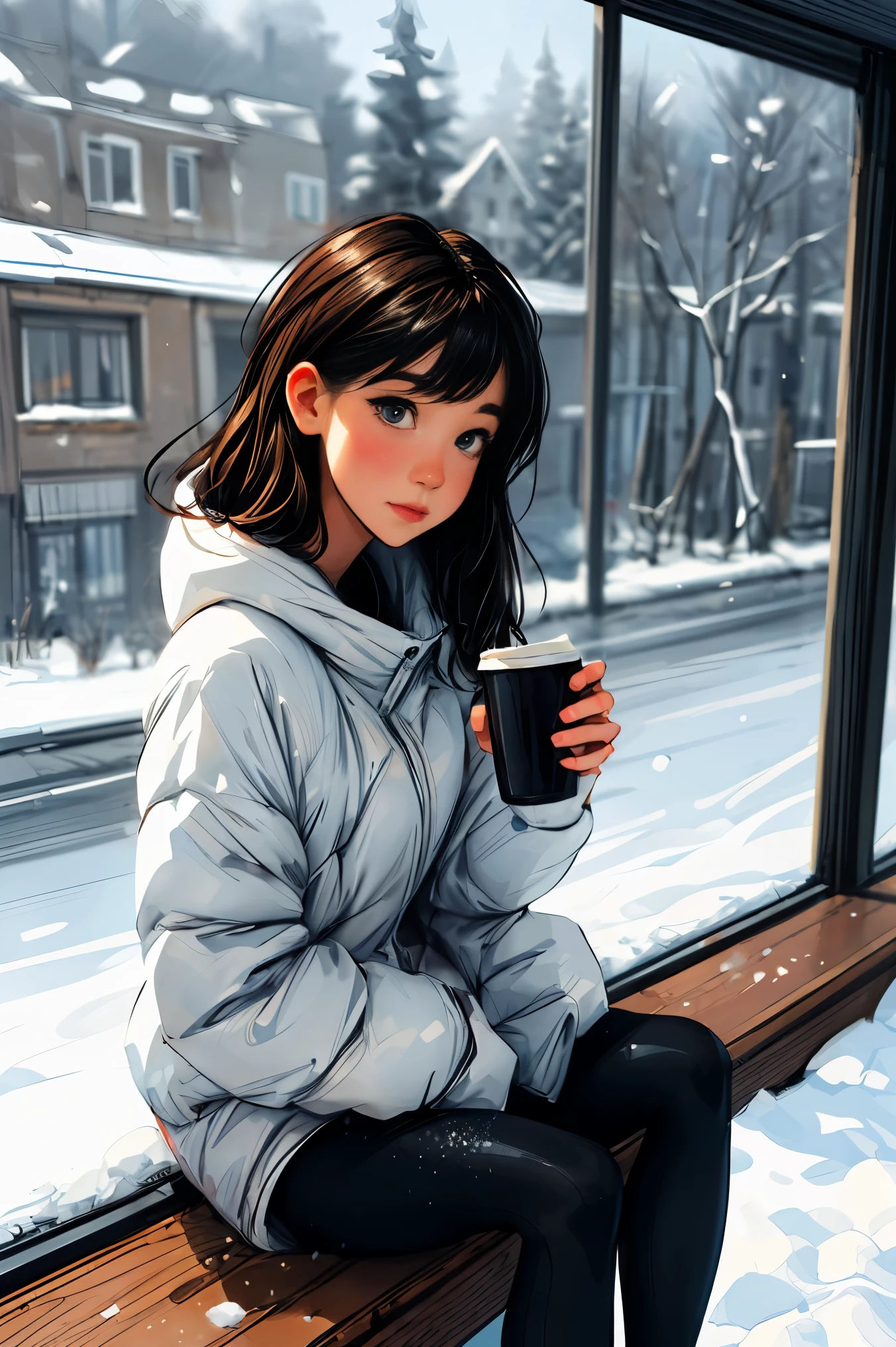 Illustration of a woman sitting on a window sill and holding a cup of coffee, illustration!, Songs inspired by Itō Shinsui, It's cold snow falling outside, girl on the window sill, Pascal Campion(Pascal Campion)Works inspired by(Pascal Campion), watercolor illustration, watercolor illustration style, blurry and dreamy, winter photos, There is a woman standing in front of a quiet window and looking out.., snowy. stormy weather. Anime Female, realistic mature woman, illustration, Anime Female은 눈 내린 창문 밖을 본다, realistic art style, Realistic anime art style, Realistic anime art style, Ilya Kuvshinov with long hair, in anime style, Woman in front of mysterious snowy window(masterpiece:1.4), (best quality:1.4),Woman wearing tight sportswear,vivid colors, soft focus, light leak, dreamy atmosphere, experimental charm, Retro charm break color field painting, various colors, abstract expressionism, Bold colors, emotional impact, atmospheric depth, MINIMALIST APPROACH BREAK, Beautiful woman, UHD (ultra detail) viewers who see it.., different, fancy, Long hair dyed brown tied back 🌈, leggings clothing, White stardust in dark areas, absurd, high resolution, very detailed, (1 woman : ), vivid colors, soft focus, light leak,