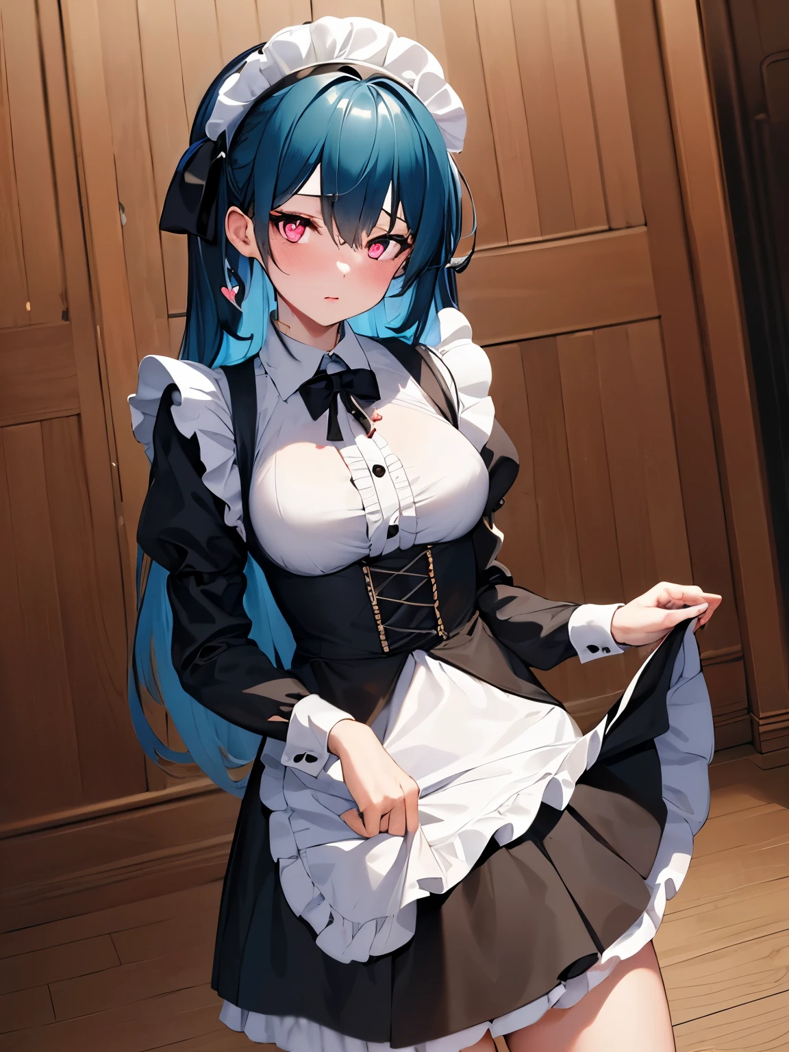 ((best quality)),((masterpiece)),((strikingly beautiful)),1girl, solo, high quality, masterpiece, skinny, black maid outfit, shirtlift, cyan hair, heart-shaped_pupils, indoors, blush