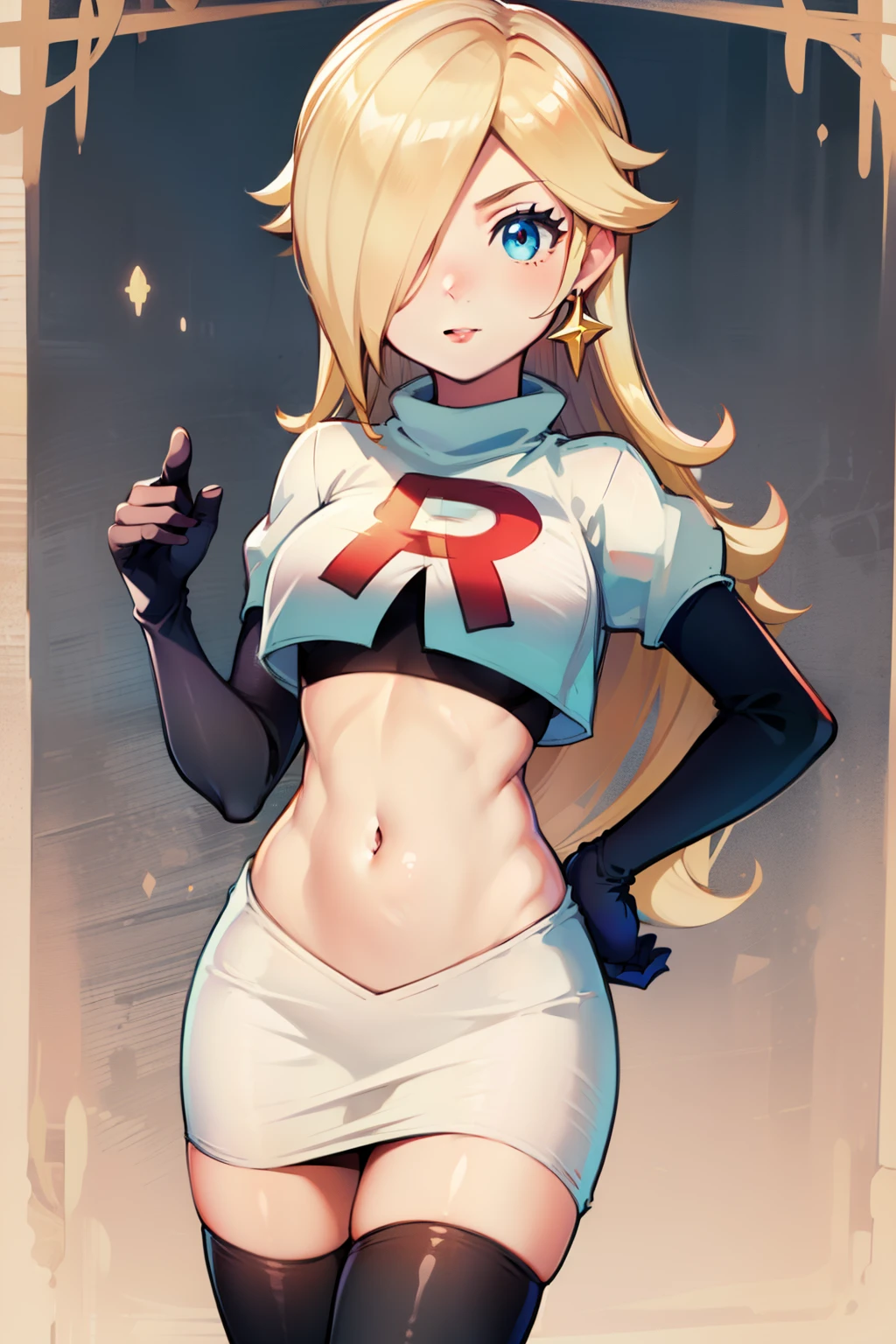 rosalina ,team rocket uniform, red letter R, white skirt,white crop top,black thigh-highs, black elbow gloves, looking at viewer, cowboy shot